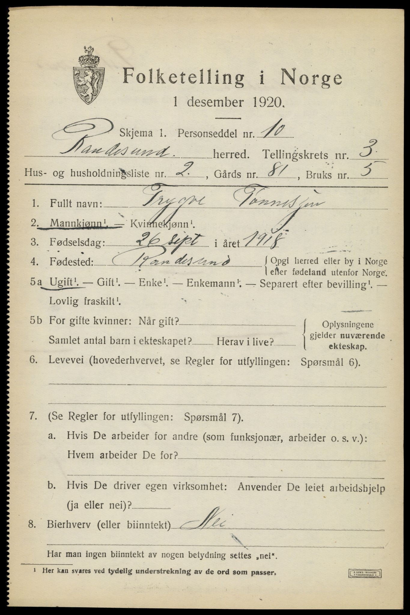 SAK, Folketelling 1920 for 1011 Randesund herred, 1920, s. 1484