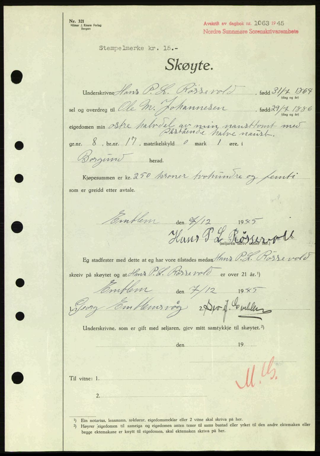 Nordre Sunnmøre sorenskriveri, AV/SAT-A-0006/1/2/2C/2Ca: Pantebok nr. A20a, 1945-1945, Dagboknr: 1063/1945