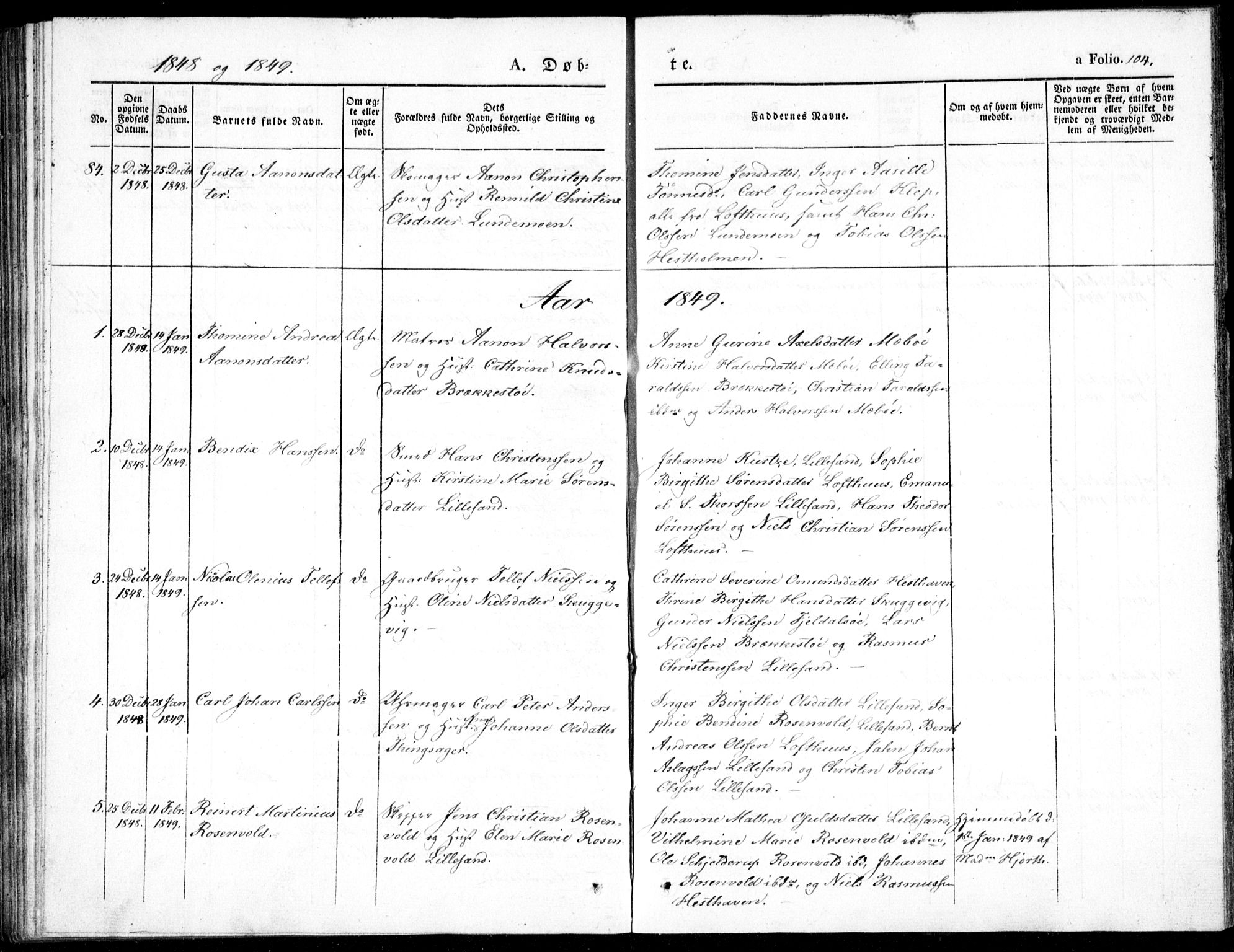 Vestre Moland sokneprestkontor, AV/SAK-1111-0046/F/Fb/Fbb/L0002: Klokkerbok nr. B 2, 1836-1851, s. 104