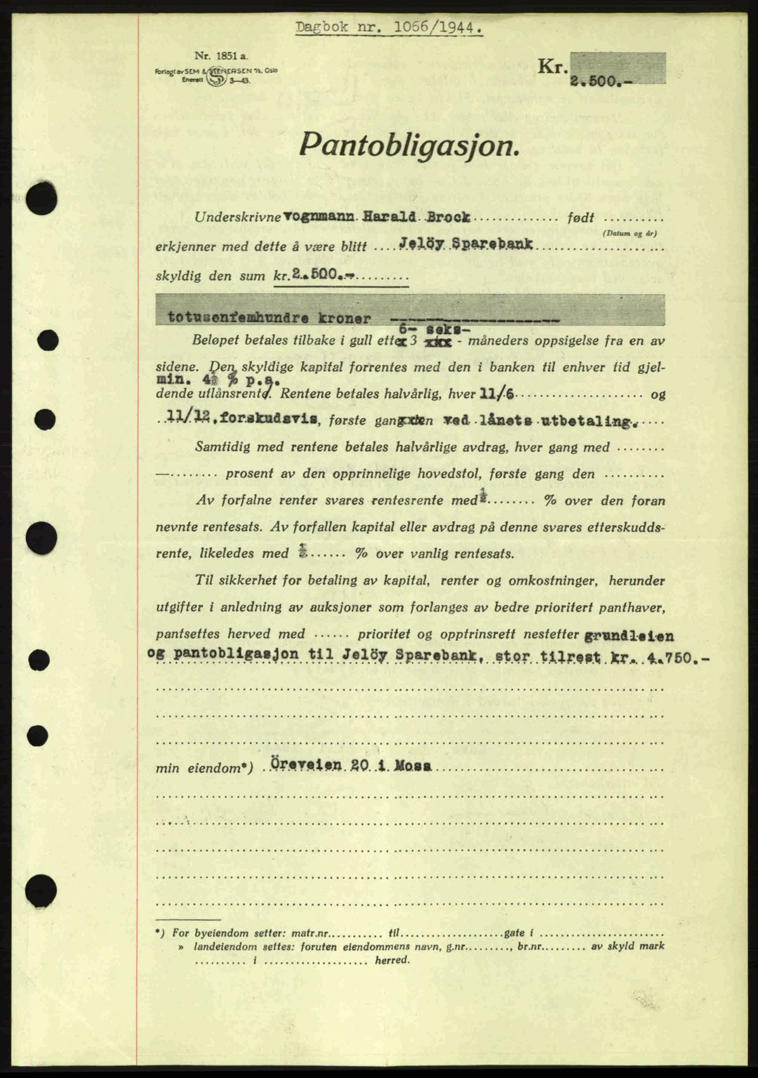 Moss sorenskriveri, SAO/A-10168: Pantebok nr. B13, 1943-1945, Dagboknr: 1066/1944