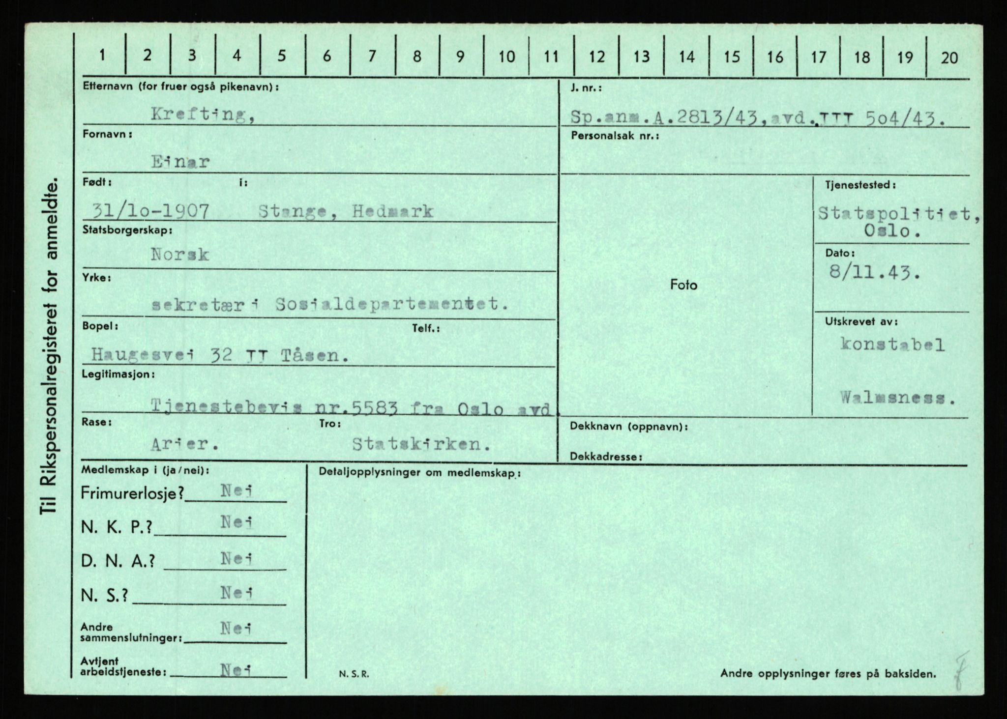 Statspolitiet - Hovedkontoret / Osloavdelingen, AV/RA-S-1329/C/Ca/L0009: Knutsen - Limstrand, 1943-1945, s. 908