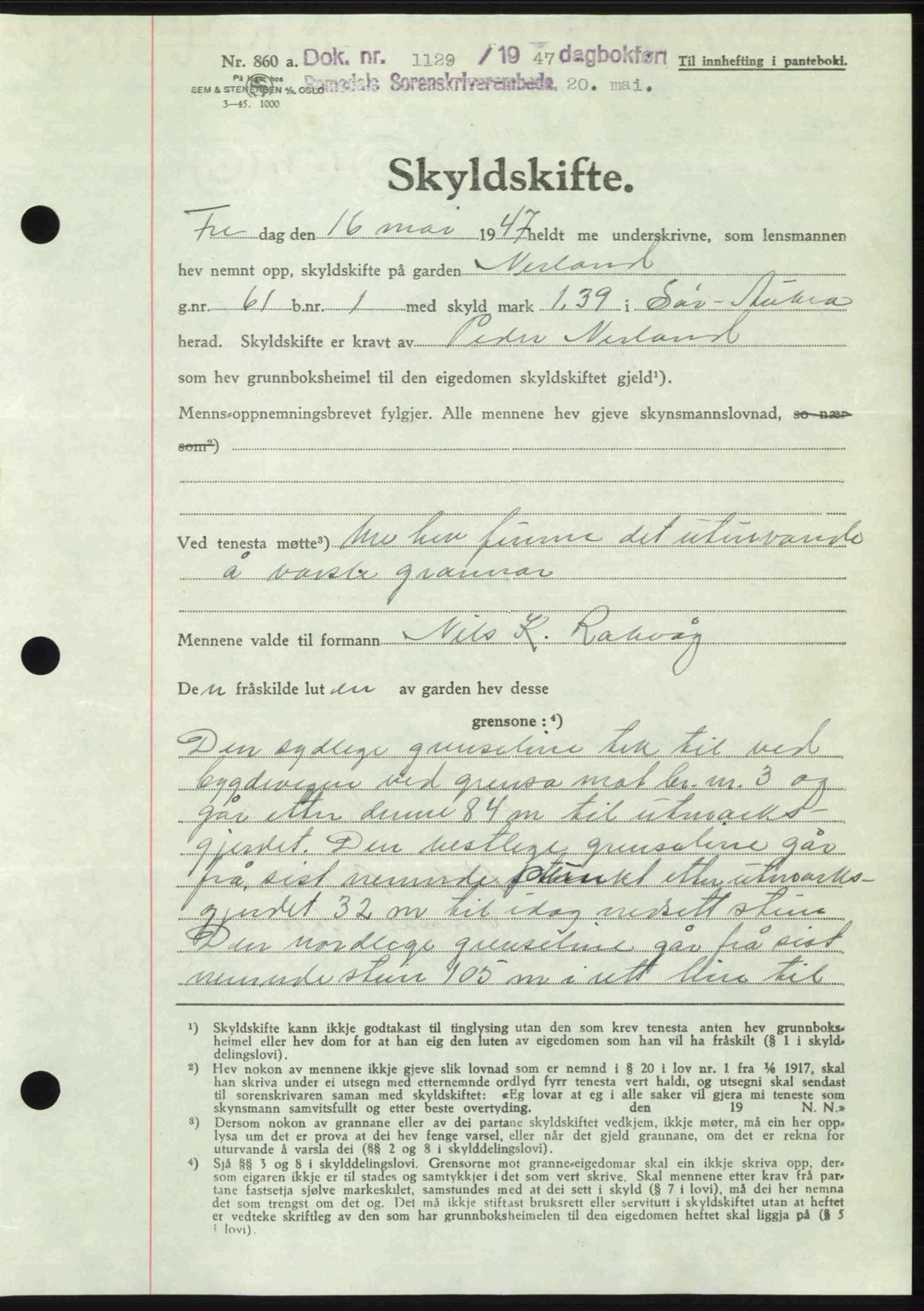 Romsdal sorenskriveri, AV/SAT-A-4149/1/2/2C: Pantebok nr. A23, 1947-1947, Dagboknr: 1129/1947