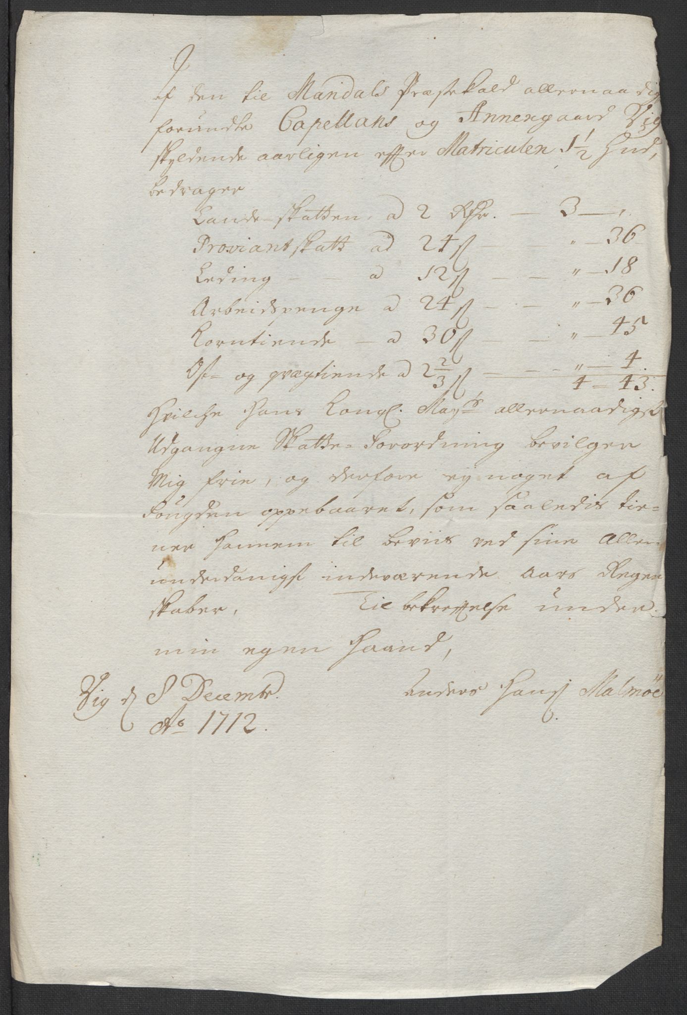 Rentekammeret inntil 1814, Reviderte regnskaper, Fogderegnskap, RA/EA-4092/R43/L2555: Fogderegnskap Lista og Mandal, 1712, s. 215