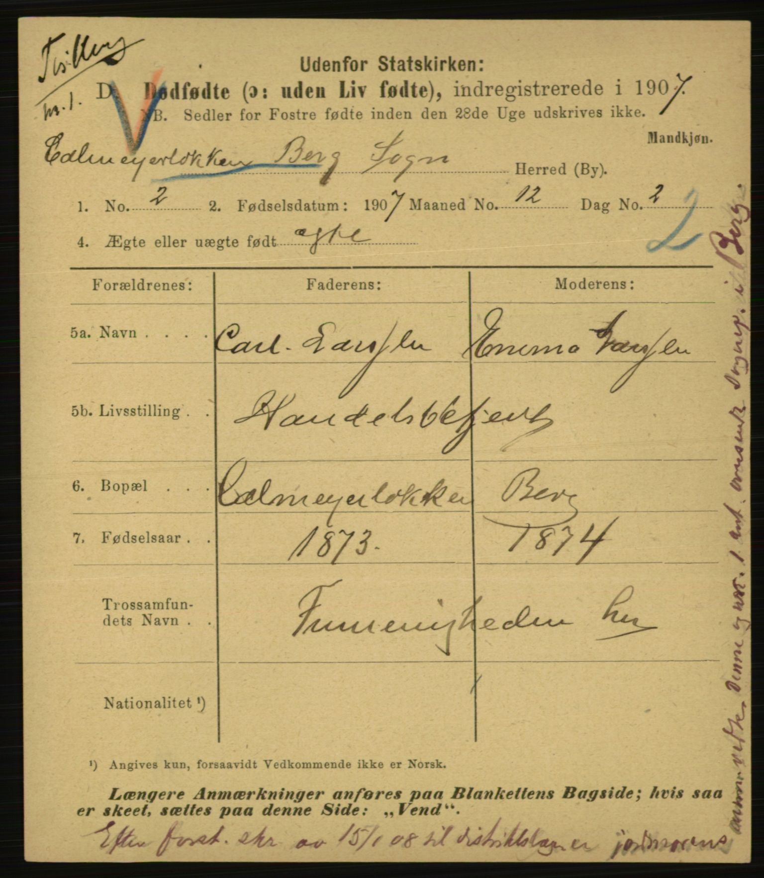 Statistisk sentralbyrå, Sosiodemografiske emner, Befolkning, AV/RA-S-2228/E/L0005: Fødte, gifte, døde dissentere., 1907, s. 3019