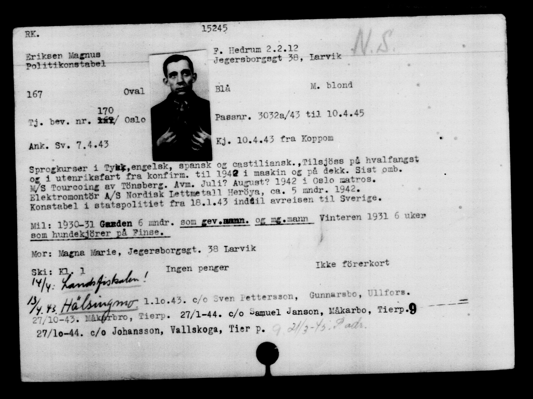 Den Kgl. Norske Legasjons Flyktningskontor, AV/RA-S-6753/V/Va/L0007: Kjesäterkartoteket.  Flyktningenr. 12700-15723, 1940-1945, s. 2922