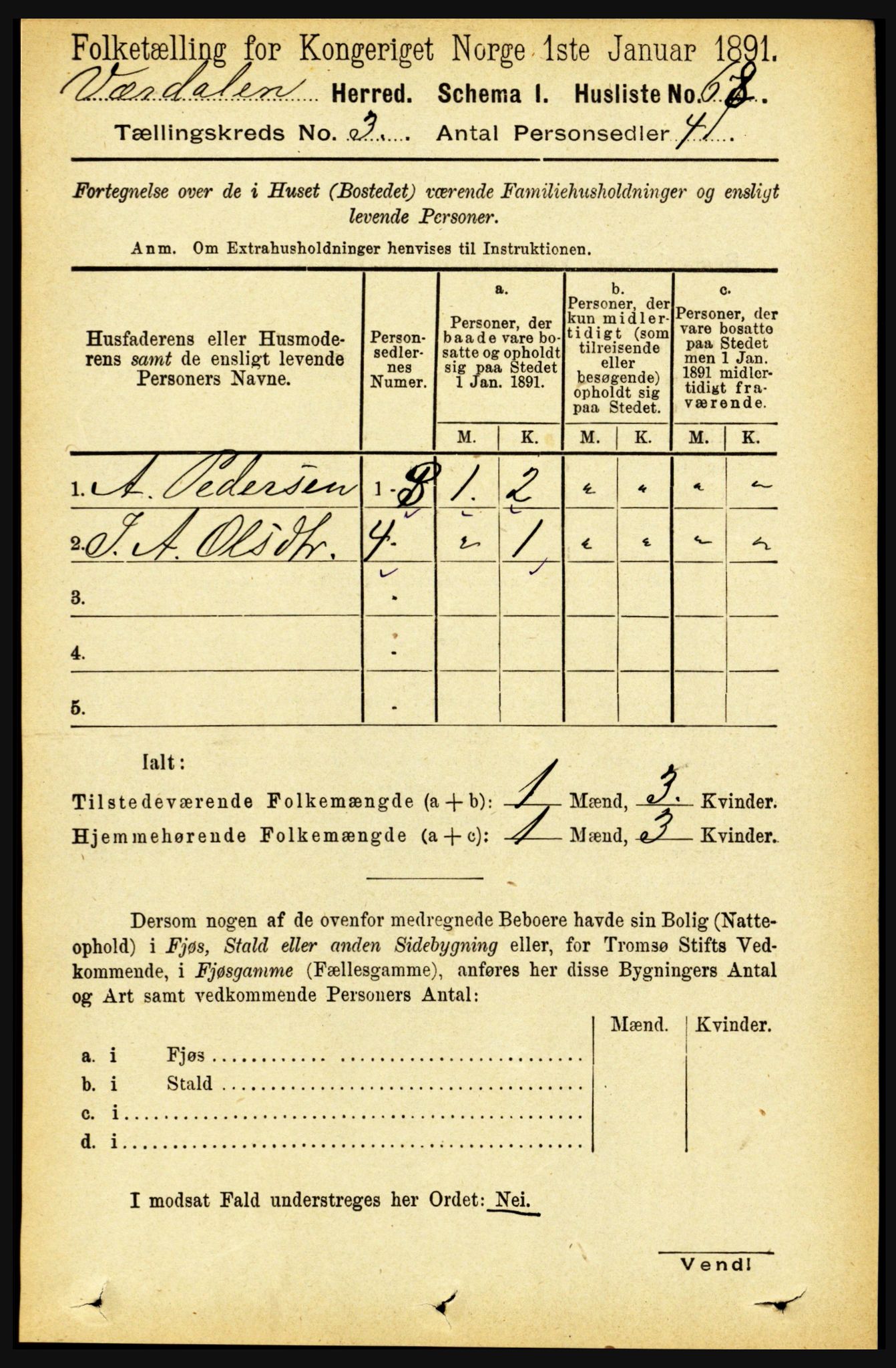 RA, Folketelling 1891 for 1721 Verdal herred, 1891, s. 1727