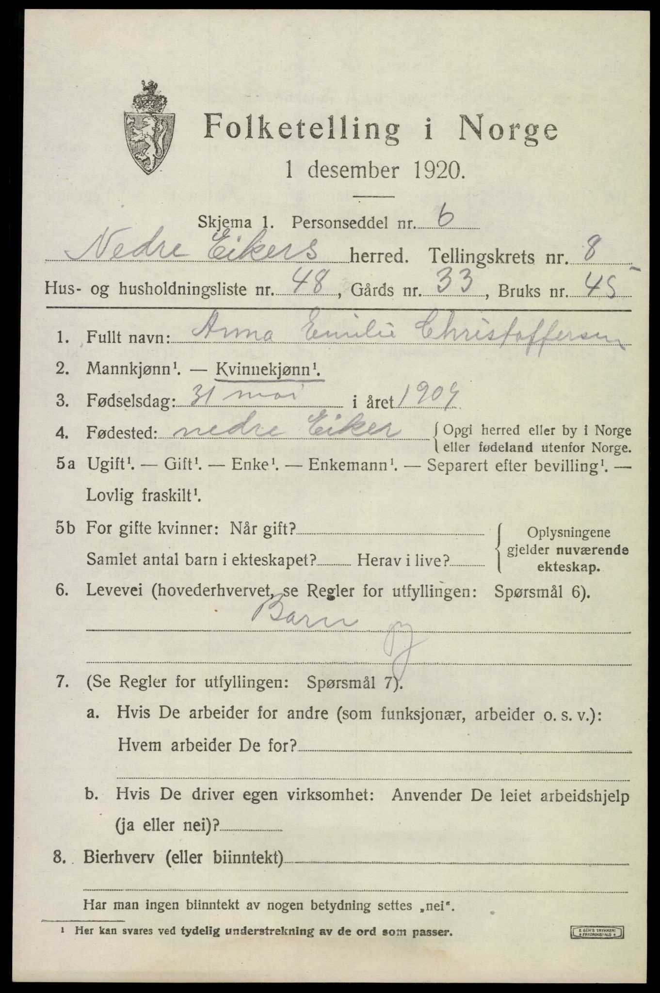 SAKO, Folketelling 1920 for 0625 Nedre Eiker herred, 1920, s. 8987