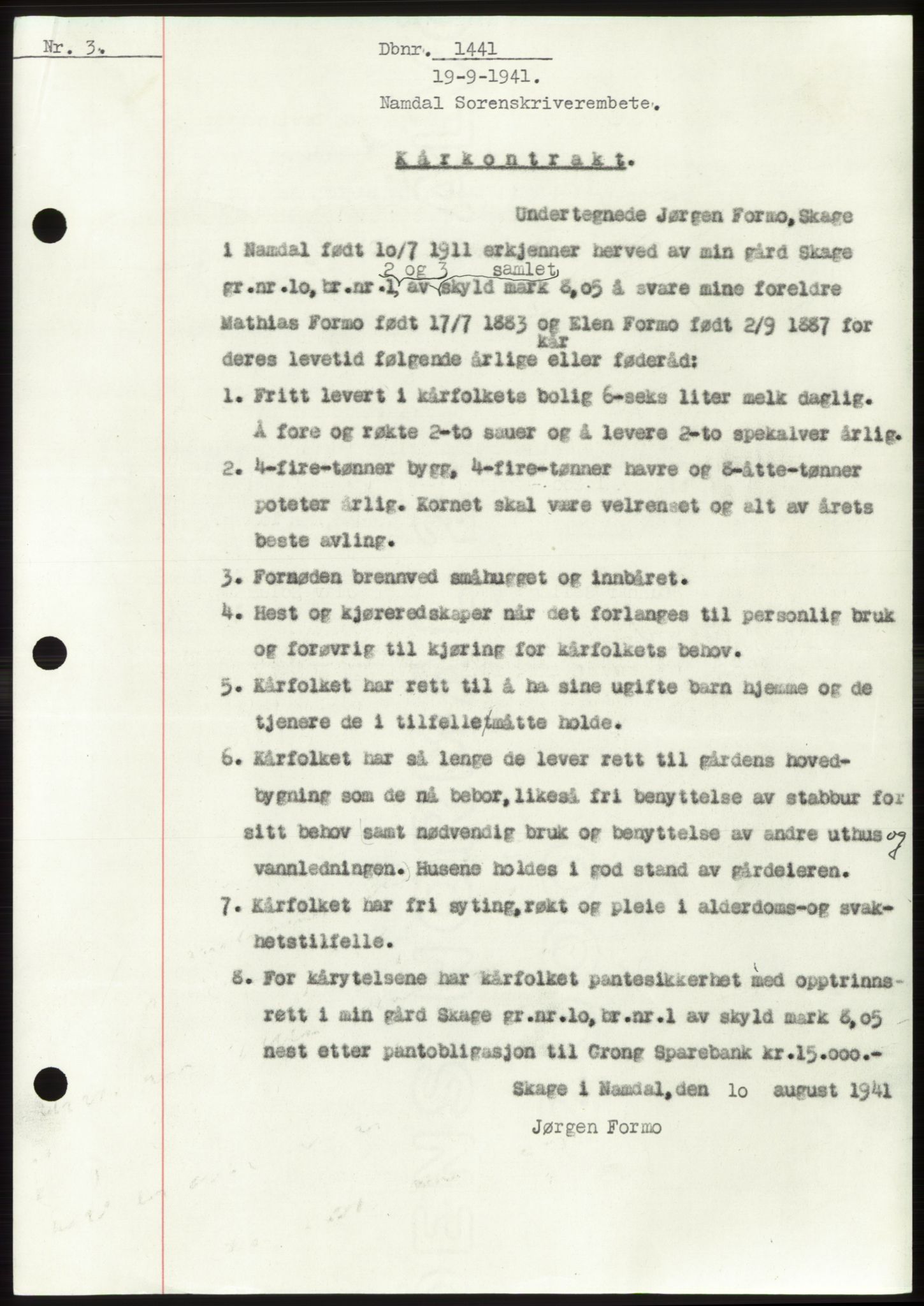 Namdal sorenskriveri, SAT/A-4133/1/2/2C: Pantebok nr. -, 1941-1942, Dagboknr: 1441/1941