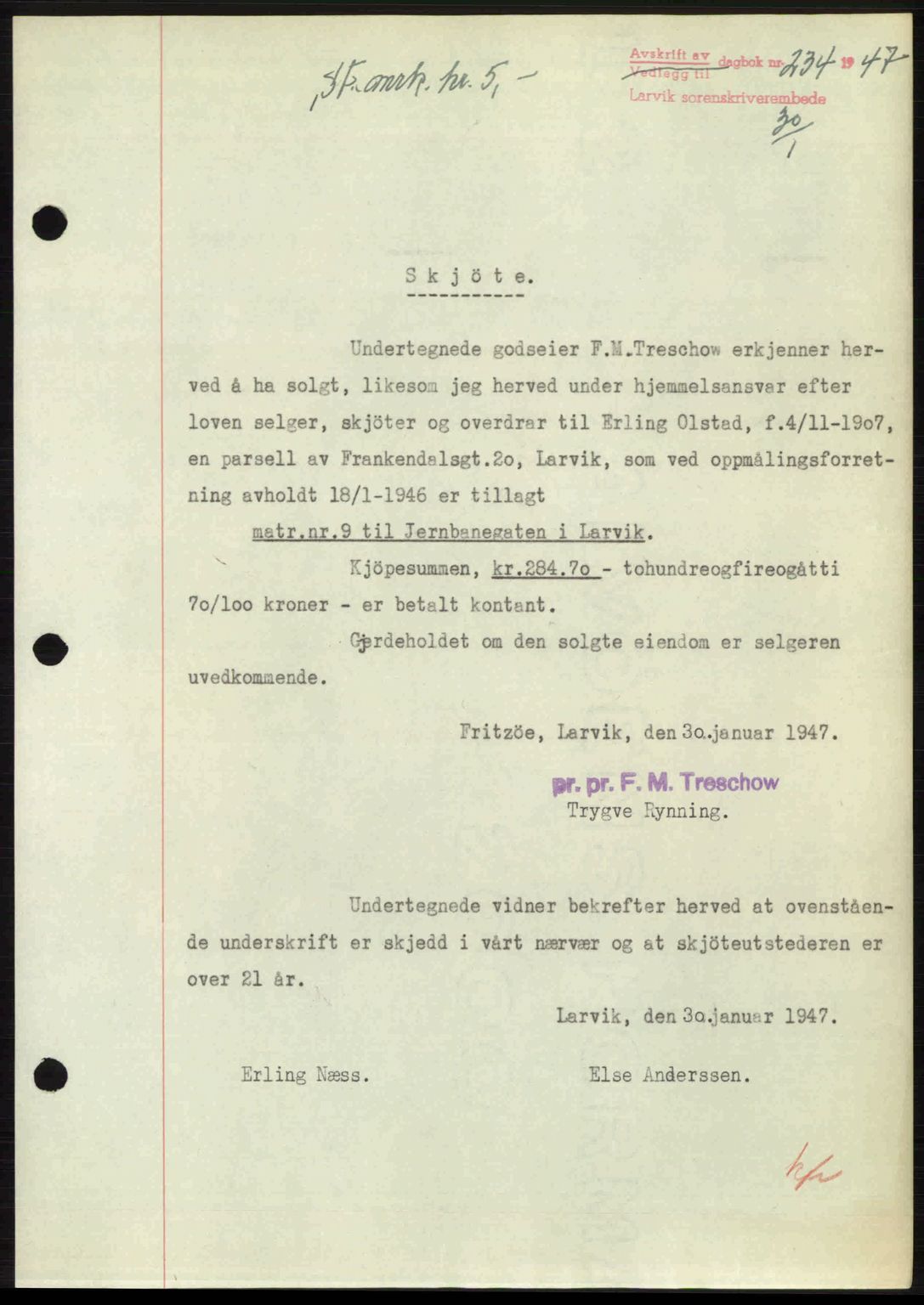 Larvik sorenskriveri, SAKO/A-83/G/Ga/Gab/L0083: Pantebok nr. A-17, 1946-1947, Dagboknr: 234/1947
