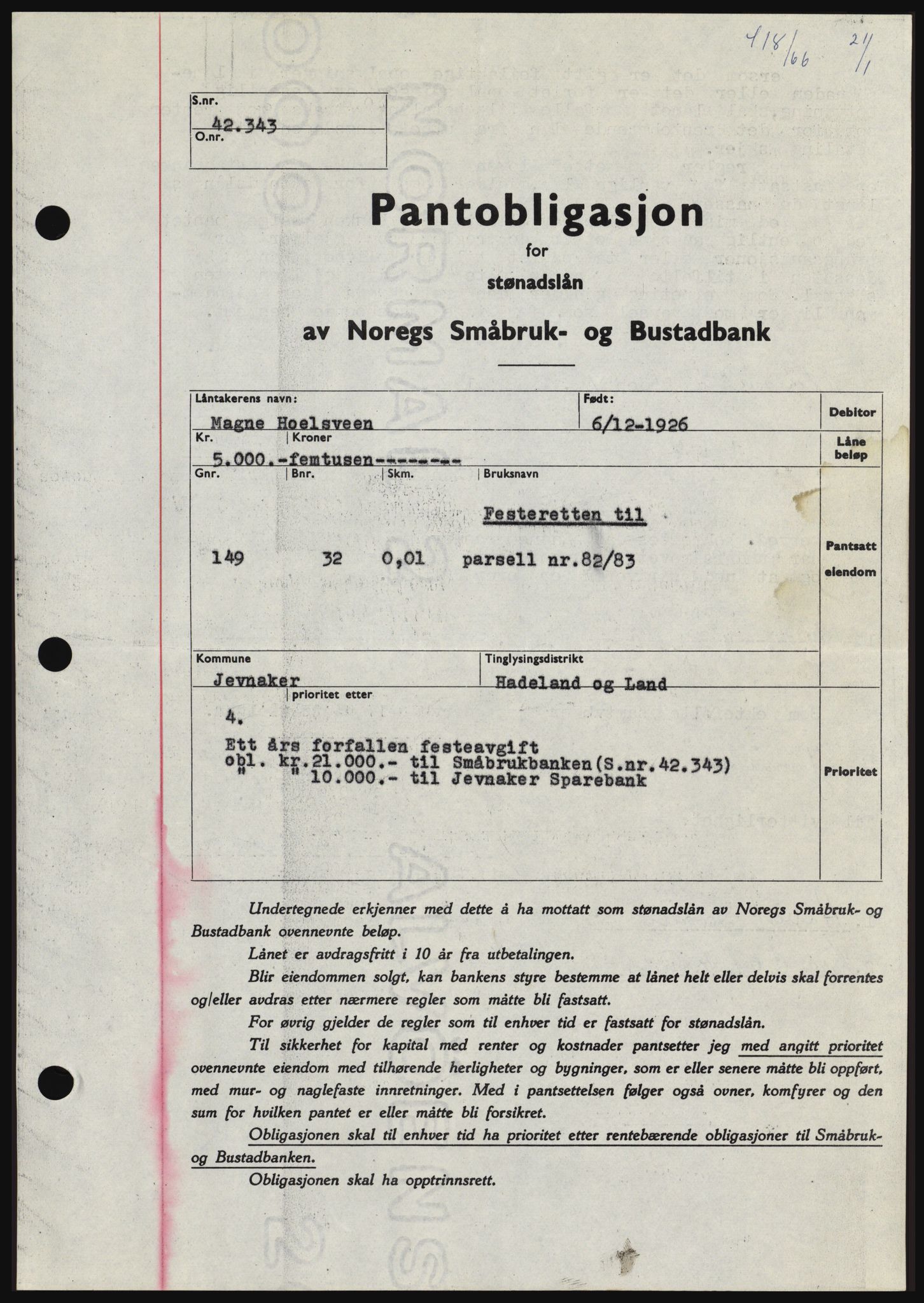 Hadeland og Land tingrett, SAH/TING-010/H/Hb/Hbc/L0061: Pantebok nr. B61, 1965-1966, Dagboknr: 418/1966