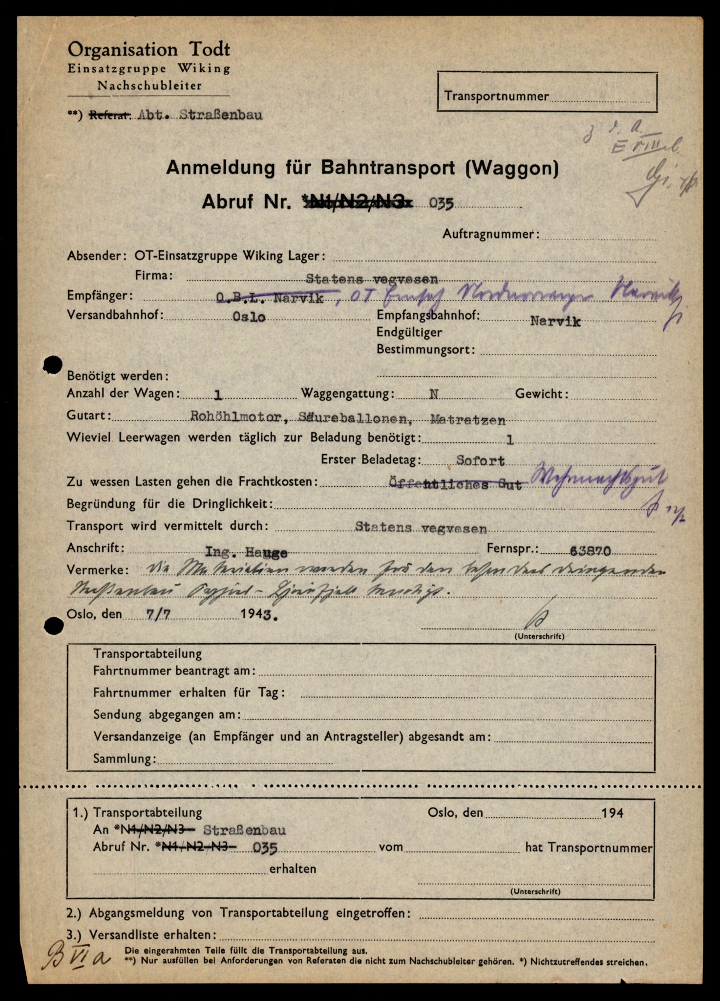Forsvarets Overkommando. 2 kontor. Arkiv 11.4. Spredte tyske arkivsaker, AV/RA-RAFA-7031/D/Dar/Darb/L0001: Reichskommissariat - Hauptabteilung Technik und Verkehr, 1940-1944, s. 566