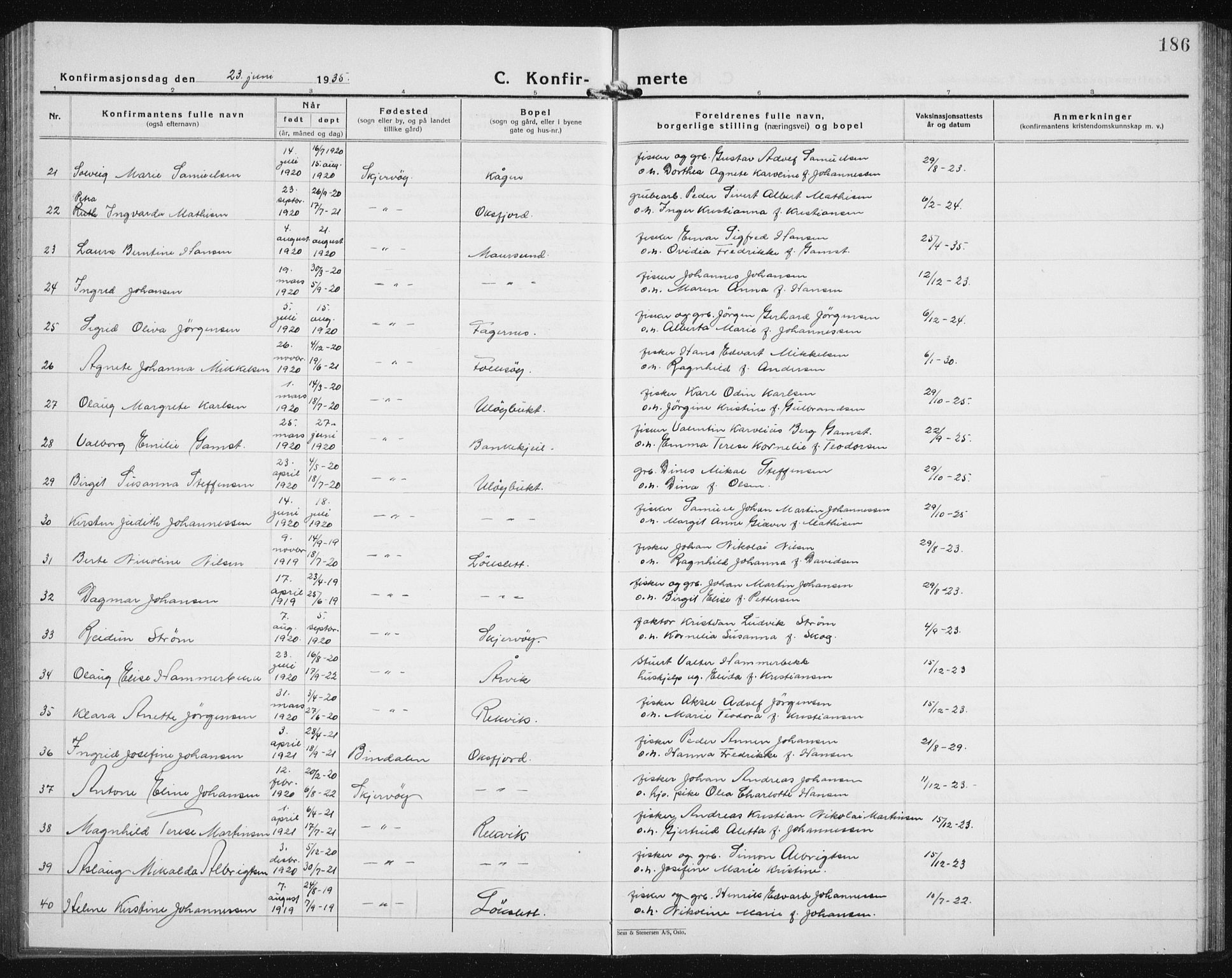 Skjervøy sokneprestkontor, AV/SATØ-S-1300/H/Ha/Hab/L0010klokker: Klokkerbok nr. 10, 1927-1941, s. 186