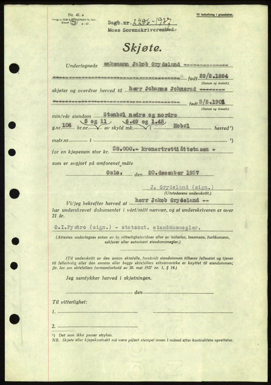 Moss sorenskriveri, SAO/A-10168: Pantebok nr. A3, 1937-1938, Dagboknr: 2286/1937