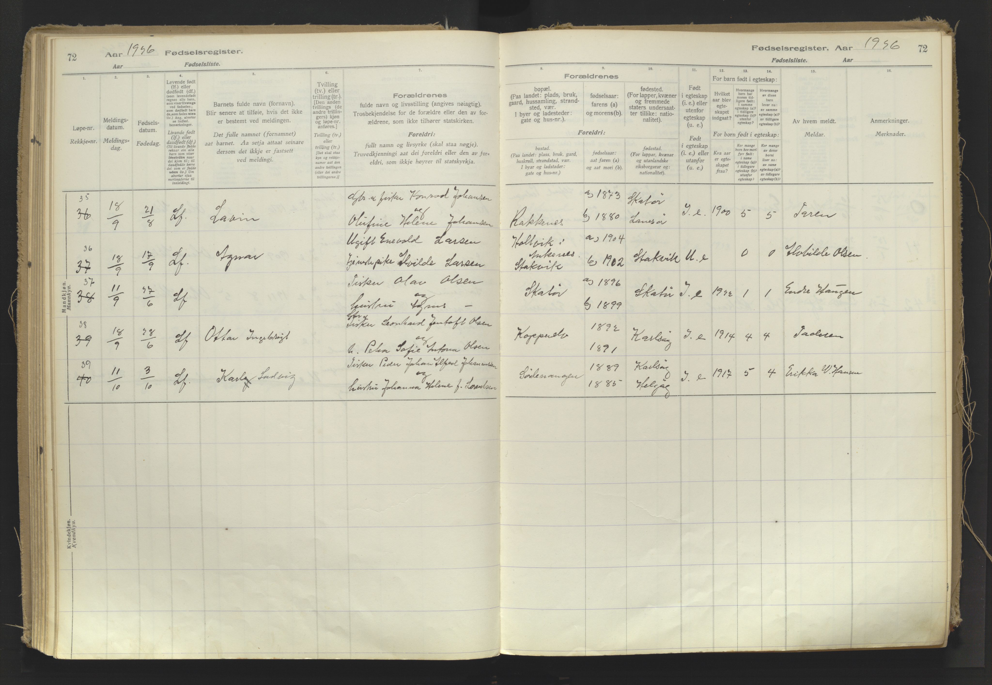 Karlsøy sokneprestembete, AV/SATØ-S-1299/I/Ic/L0064: Fødselsregister nr. 64, 1916-1943, s. 72