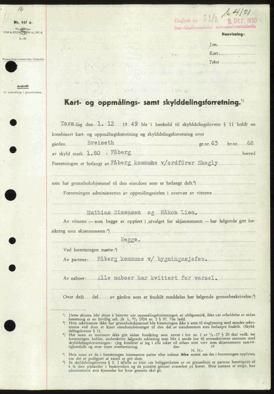 Sør-Gudbrandsdal tingrett, SAH/TING-004/H/Hb/Hbd/L0029: Pantebok nr. A29, 1950-1950, Dagboknr: 3313/1950