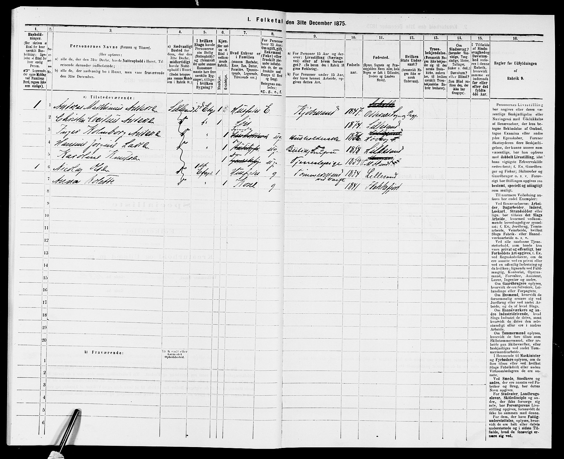 SAK, Folketelling 1875 for 0905B Vestre Moland prestegjeld, Lillesand ladested, 1875, s. 265