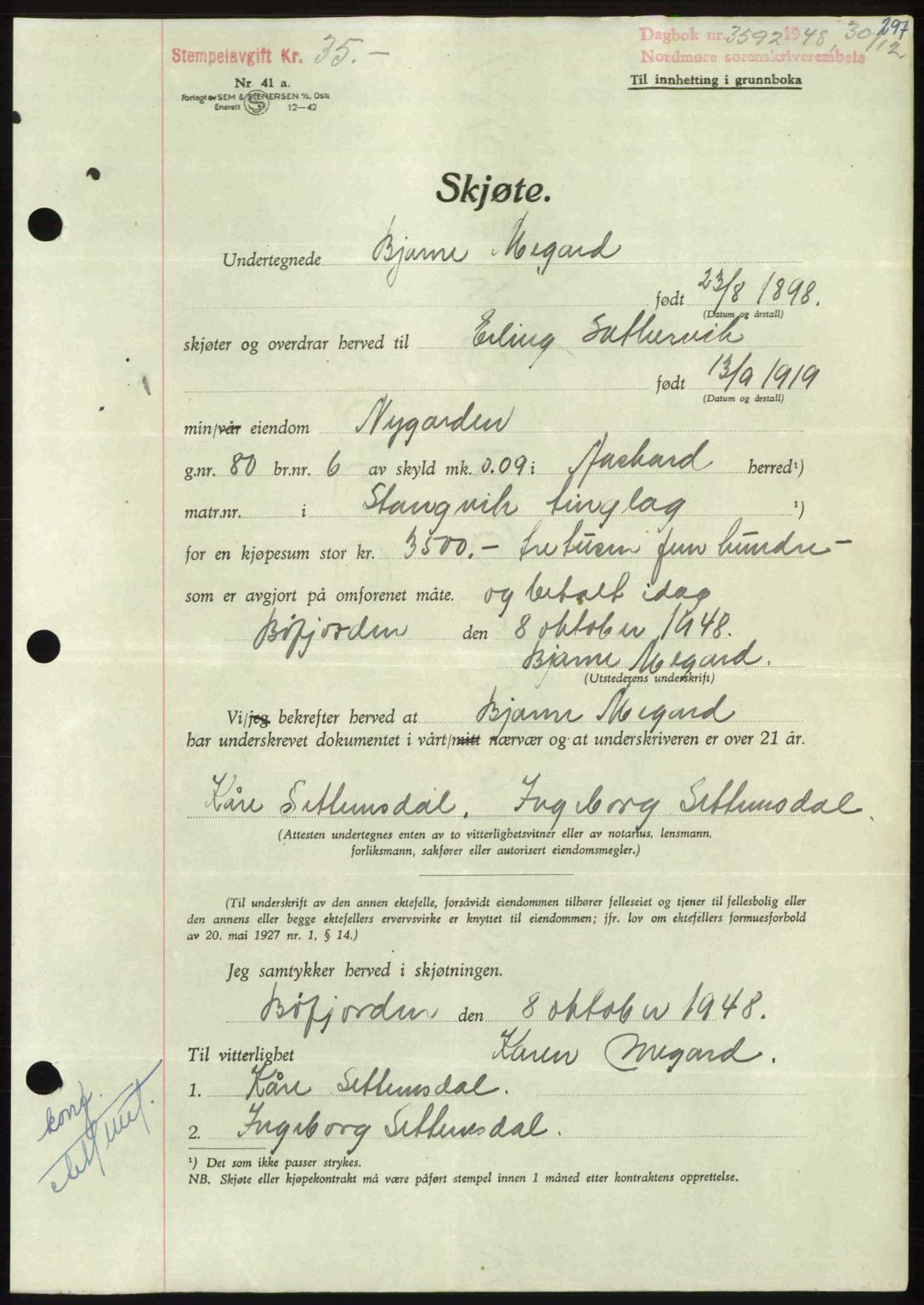 Nordmøre sorenskriveri, SAT/A-4132/1/2/2Ca: Pantebok nr. A110, 1948-1949, Dagboknr: 3592/1948
