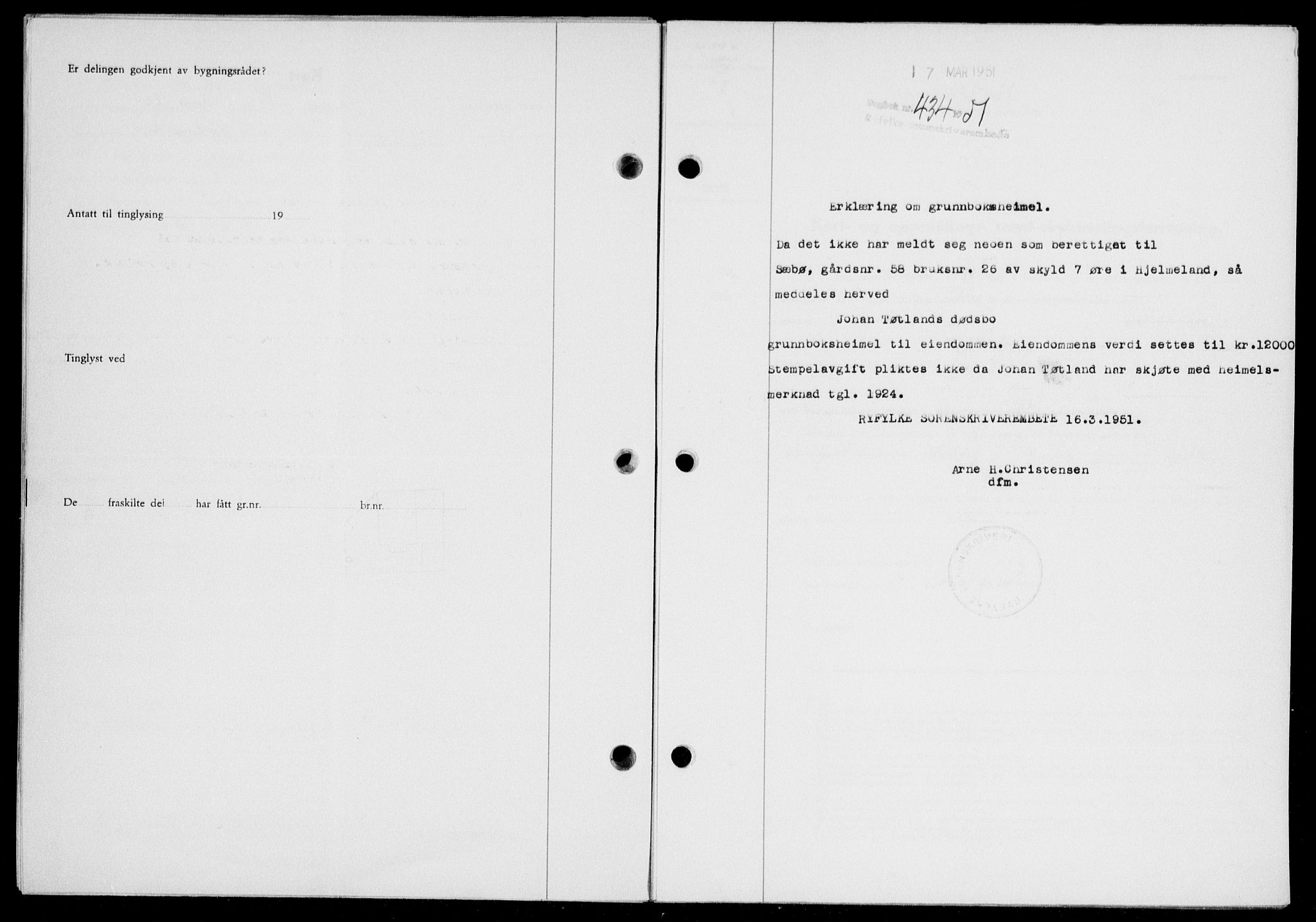 Ryfylke tingrett, SAST/A-100055/001/II/IIB/L0113: Pantebok nr. 92, 1951-1951, Dagboknr: 434/1951