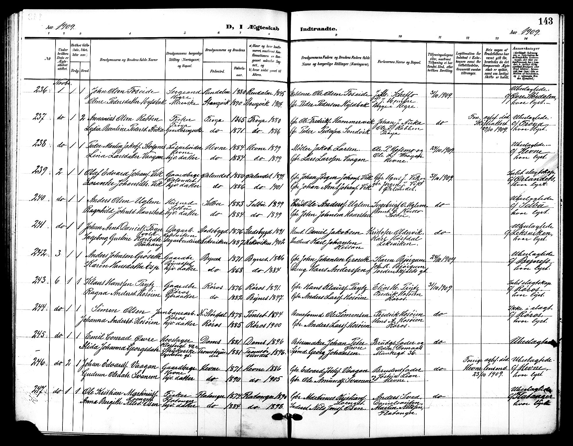 Ministerialprotokoller, klokkerbøker og fødselsregistre - Sør-Trøndelag, AV/SAT-A-1456/601/L0095: Klokkerbok nr. 601C13, 1902-1911, s. 143