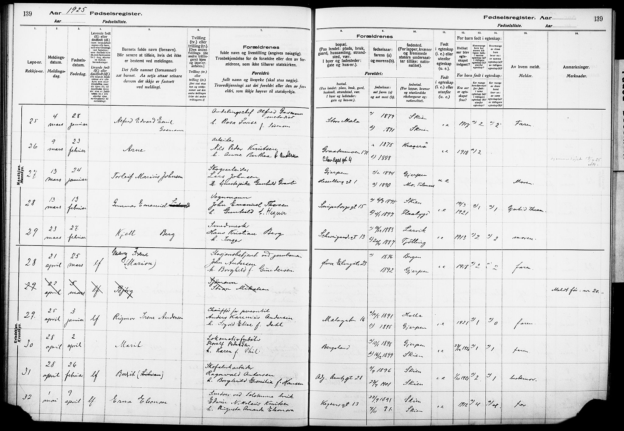 Skien kirkebøker, AV/SAKO-A-302/J/Ja/L0002: Fødselsregister nr. 2, 1921-1927, s. 139