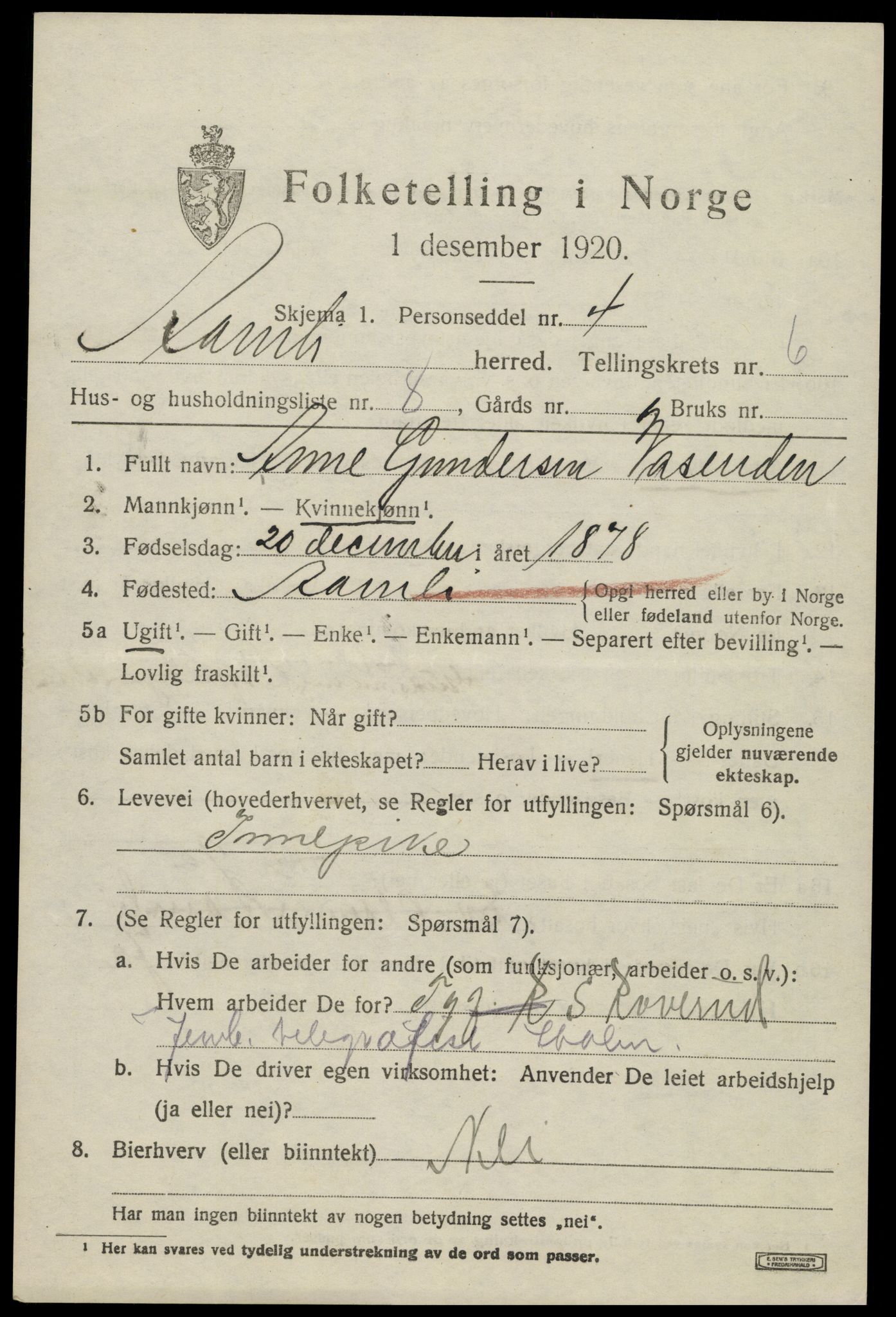 SAK, Folketelling 1920 for 0929 Åmli herred, 1920, s. 2709