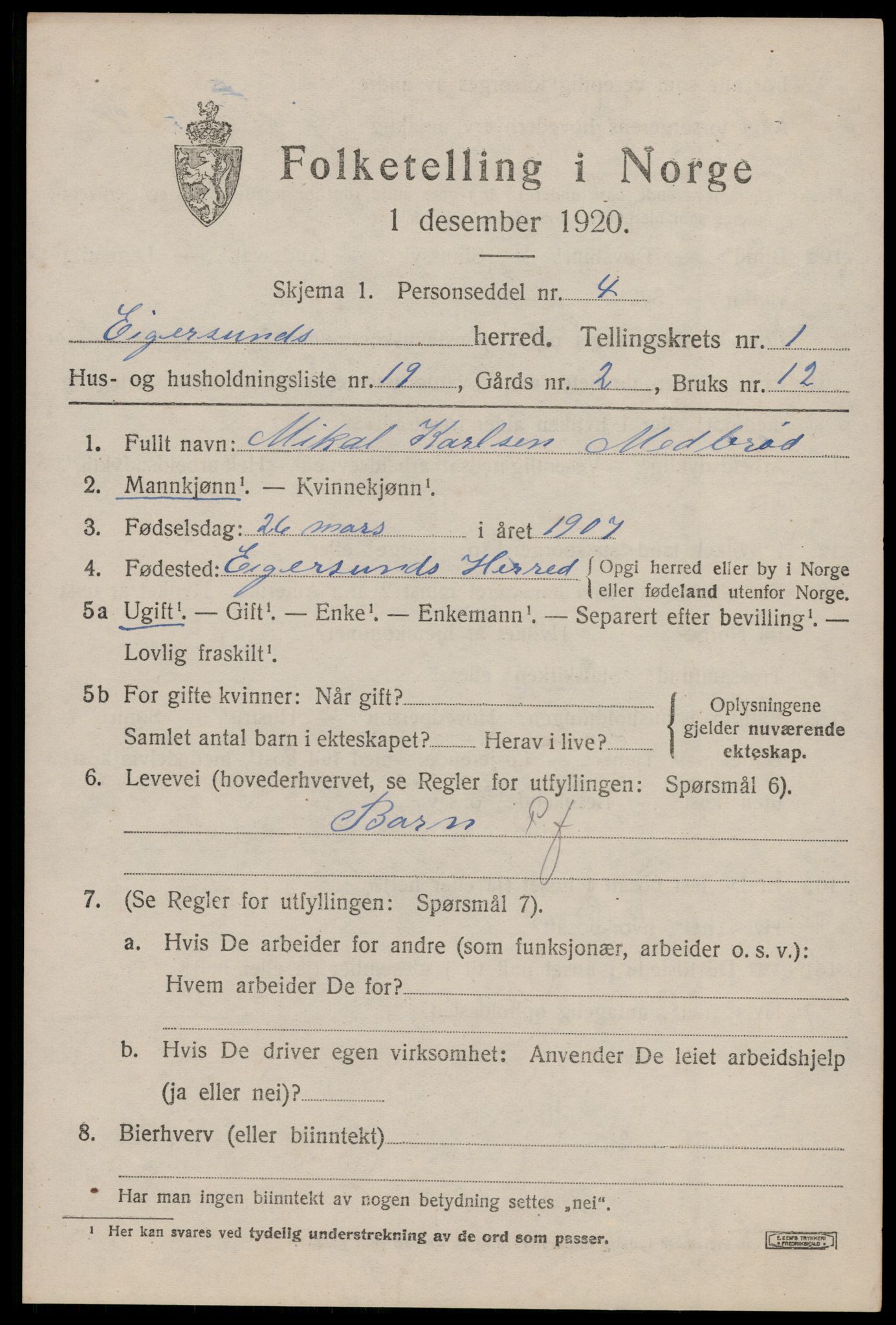 SAST, Folketelling 1920 for 1116 Eigersund herred, 1920, s. 1385