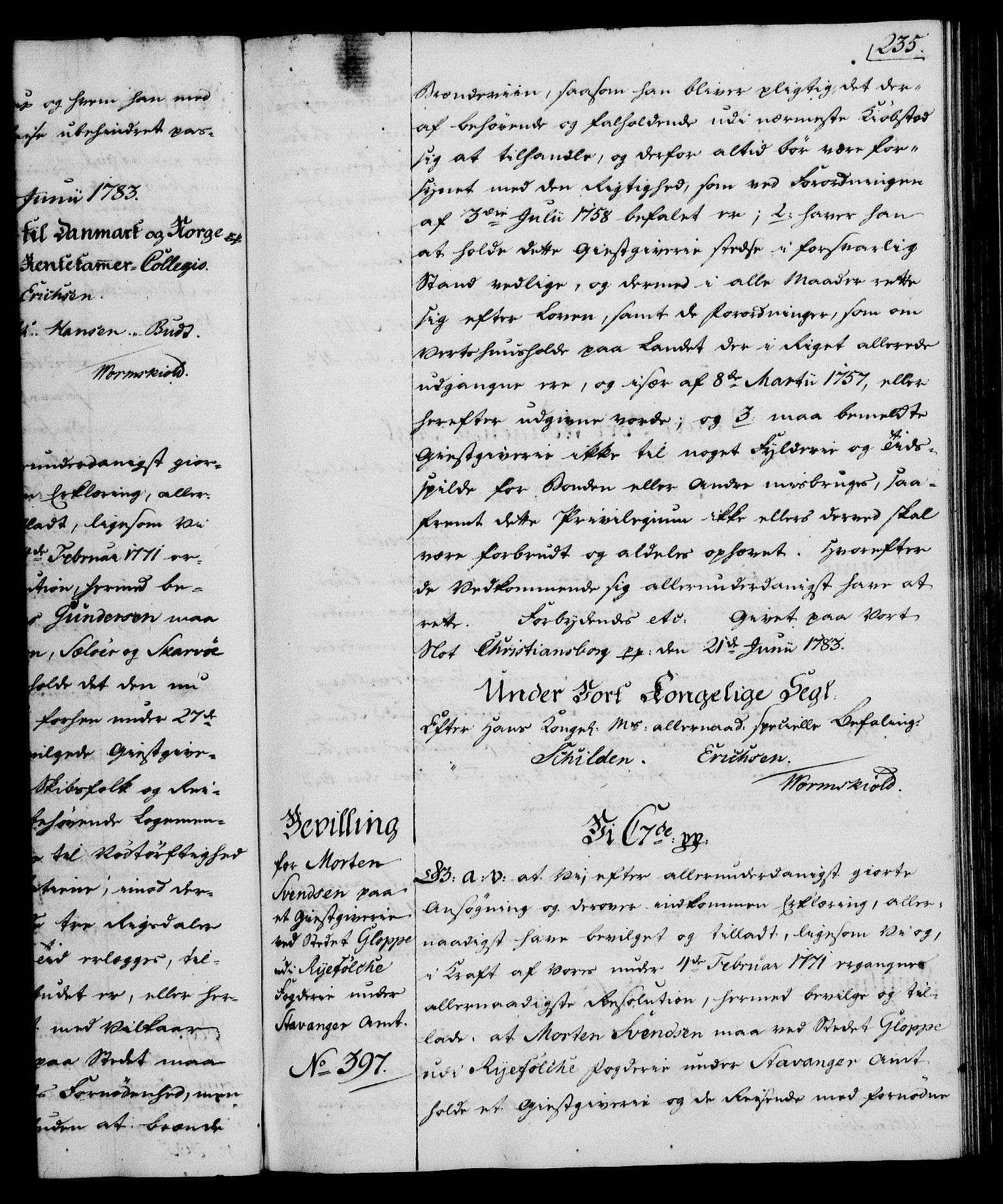 Rentekammeret, Kammerkanselliet, AV/RA-EA-3111/G/Gg/Gga/L0012: Norsk ekspedisjonsprotokoll med register (merket RK 53.12), 1781-1783, s. 235