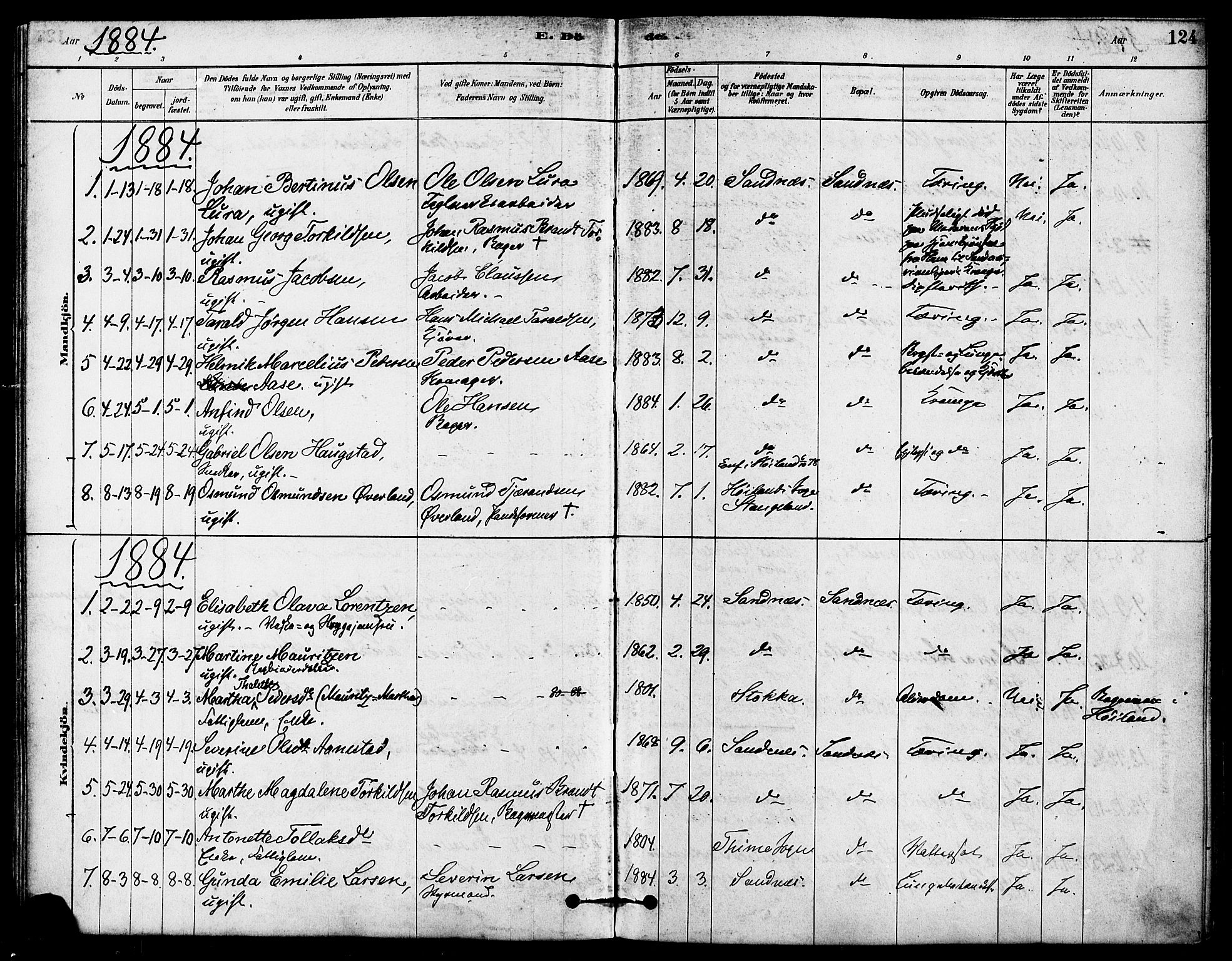 Høyland sokneprestkontor, AV/SAST-A-101799/001/30BA/L0012: Ministerialbok nr. A 11, 1878-1889, s. 124