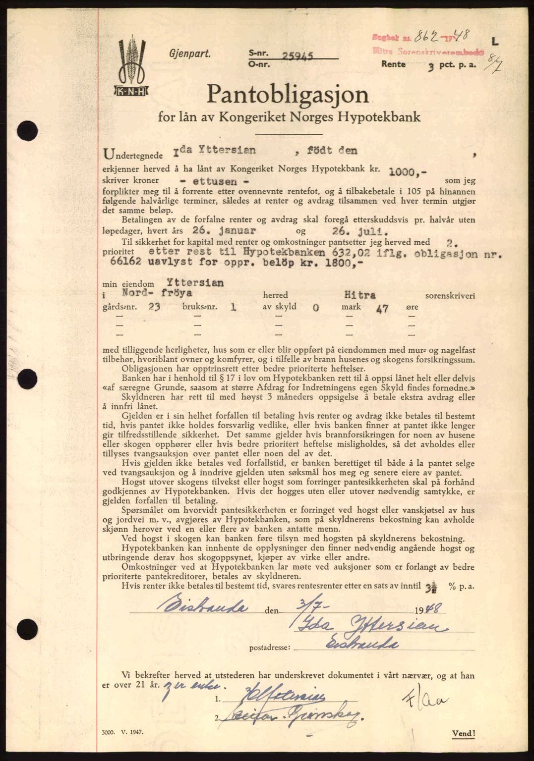 Hitra sorenskriveri, AV/SAT-A-0018/2/2C/2Ca: Pantebok nr. B1, 1939-1949, Dagboknr: 862/1948