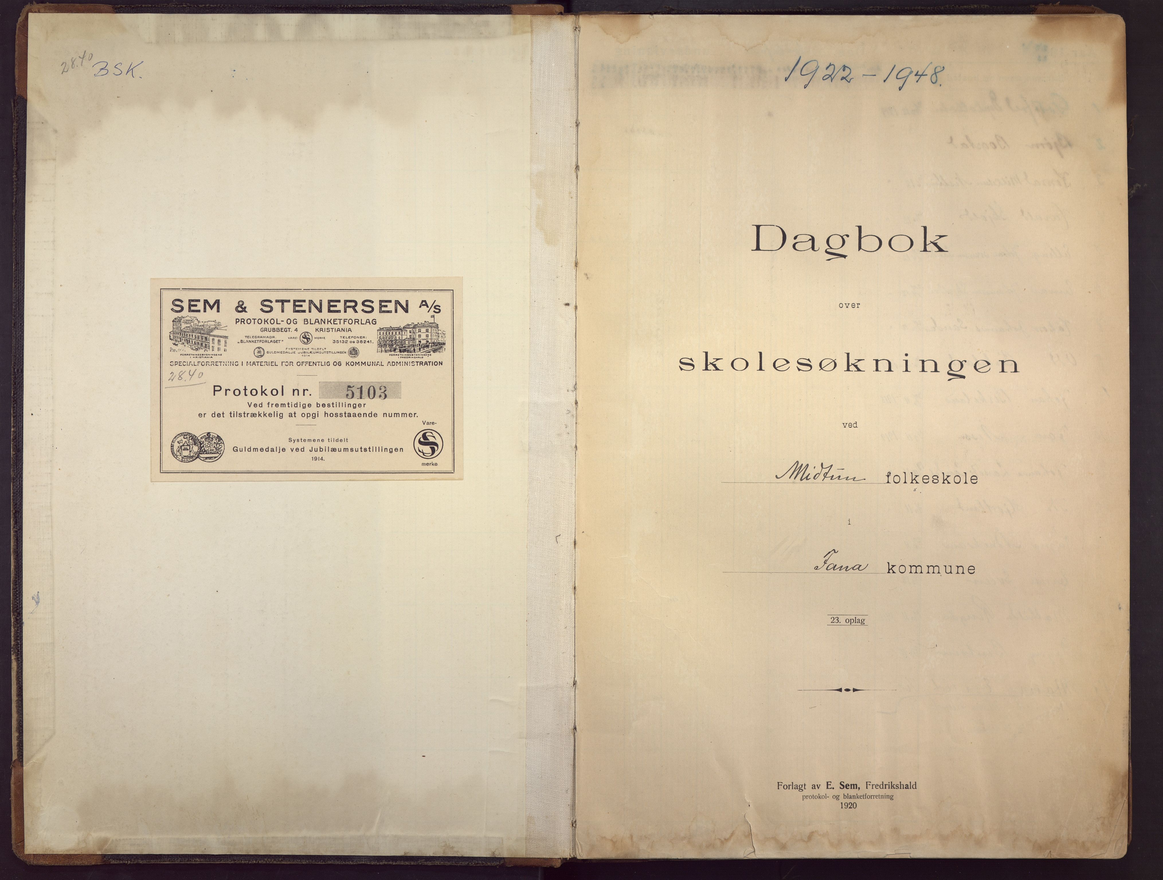 Midtun skole, BBA/A-2399/G/Ga/Gaa/L0014: Klassedagbok , 1922-1948