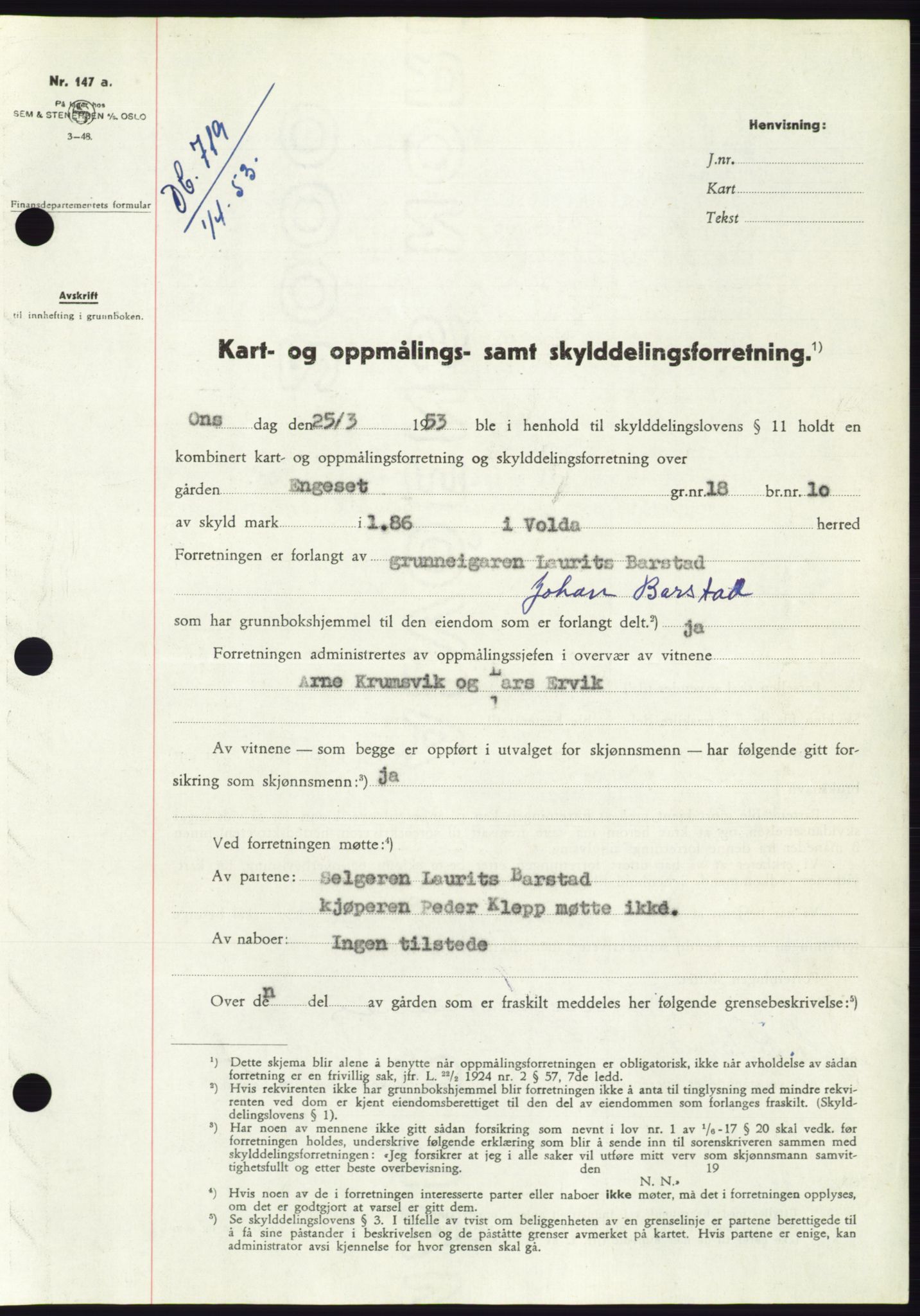 Søre Sunnmøre sorenskriveri, SAT/A-4122/1/2/2C/L0094: Pantebok nr. 20A, 1953-1953, Dagboknr: 719/1953
