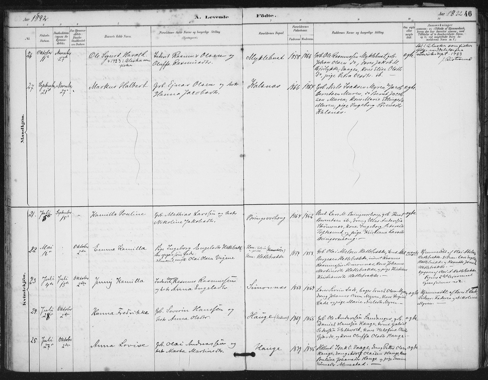 Ministerialprotokoller, klokkerbøker og fødselsregistre - Møre og Romsdal, AV/SAT-A-1454/503/L0037: Ministerialbok nr. 503A05, 1884-1900, s. 46