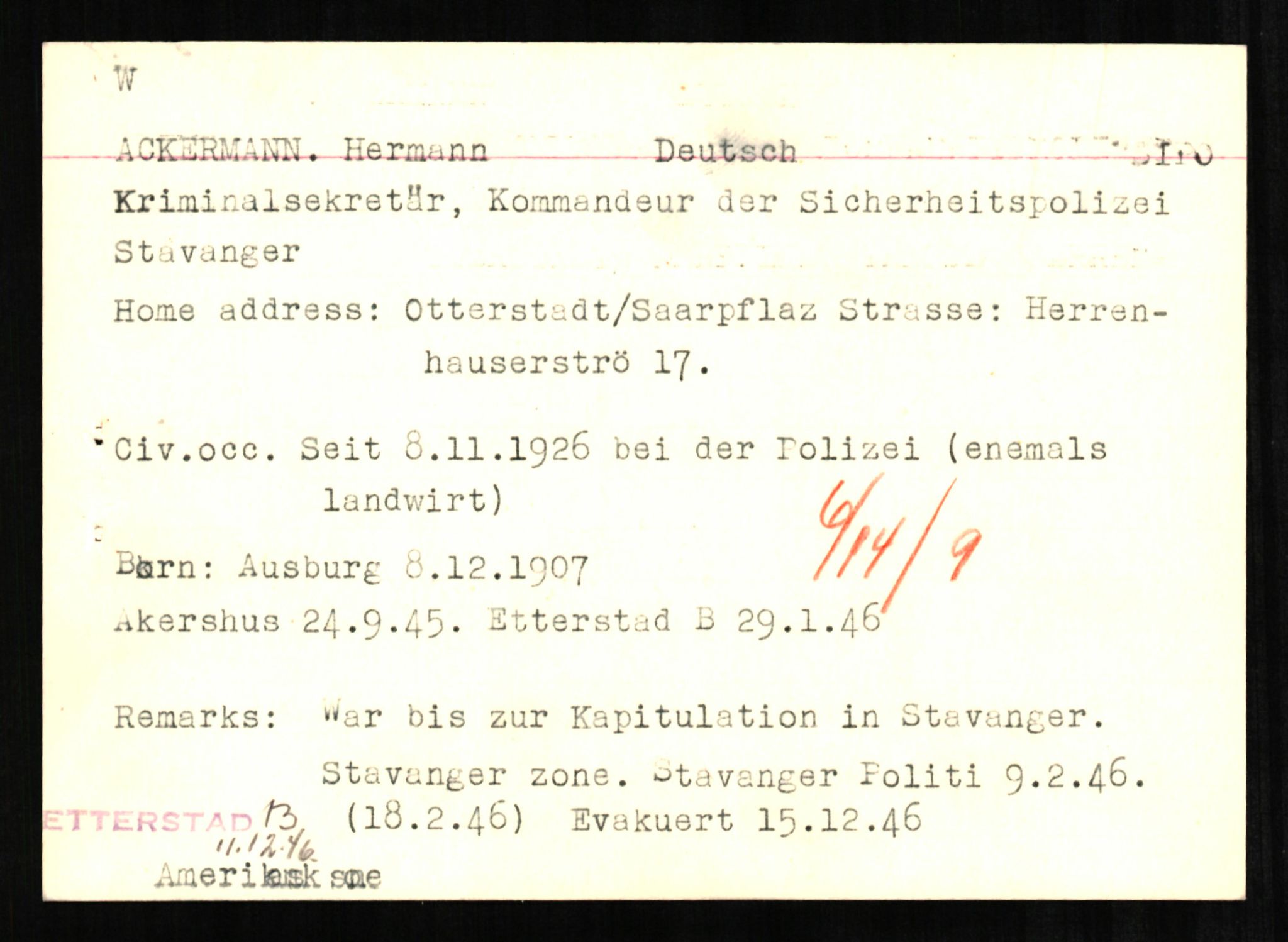 Forsvaret, Forsvarets overkommando II, AV/RA-RAFA-3915/D/Db/L0001: CI Questionaires. Tyske okkupasjonsstyrker i Norge. Tyskere., 1945-1946, s. 28