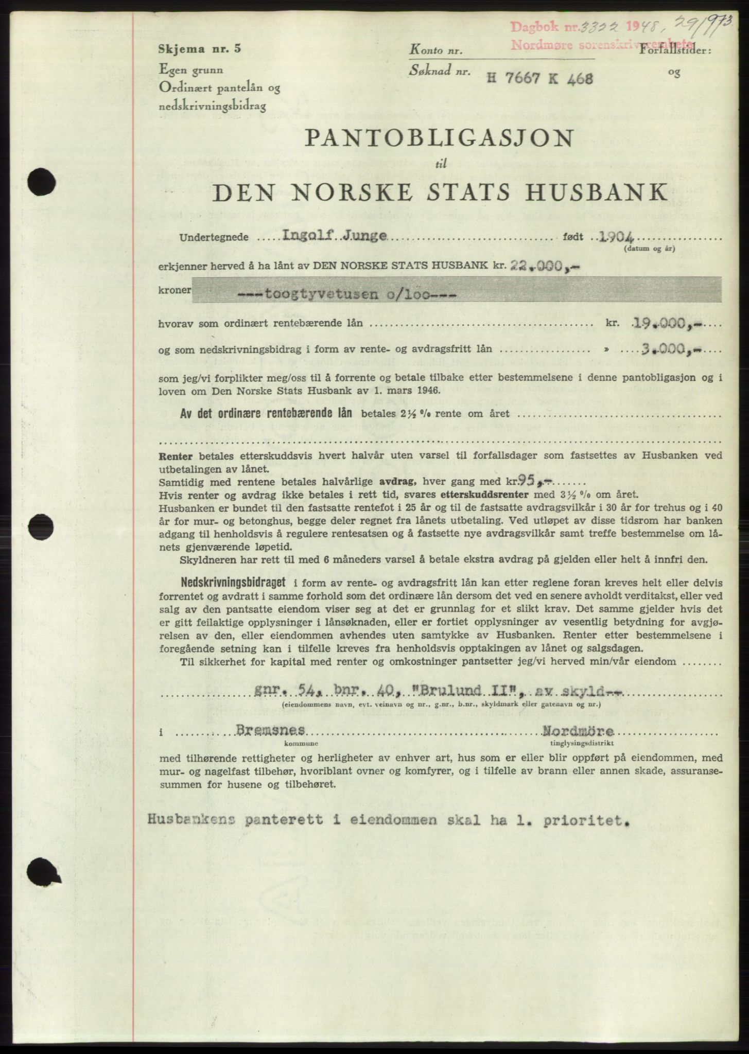 Nordmøre sorenskriveri, SAT/A-4132/1/2/2Ca: Pantebok nr. B100, 1948-1949, Dagboknr: 3322/1948