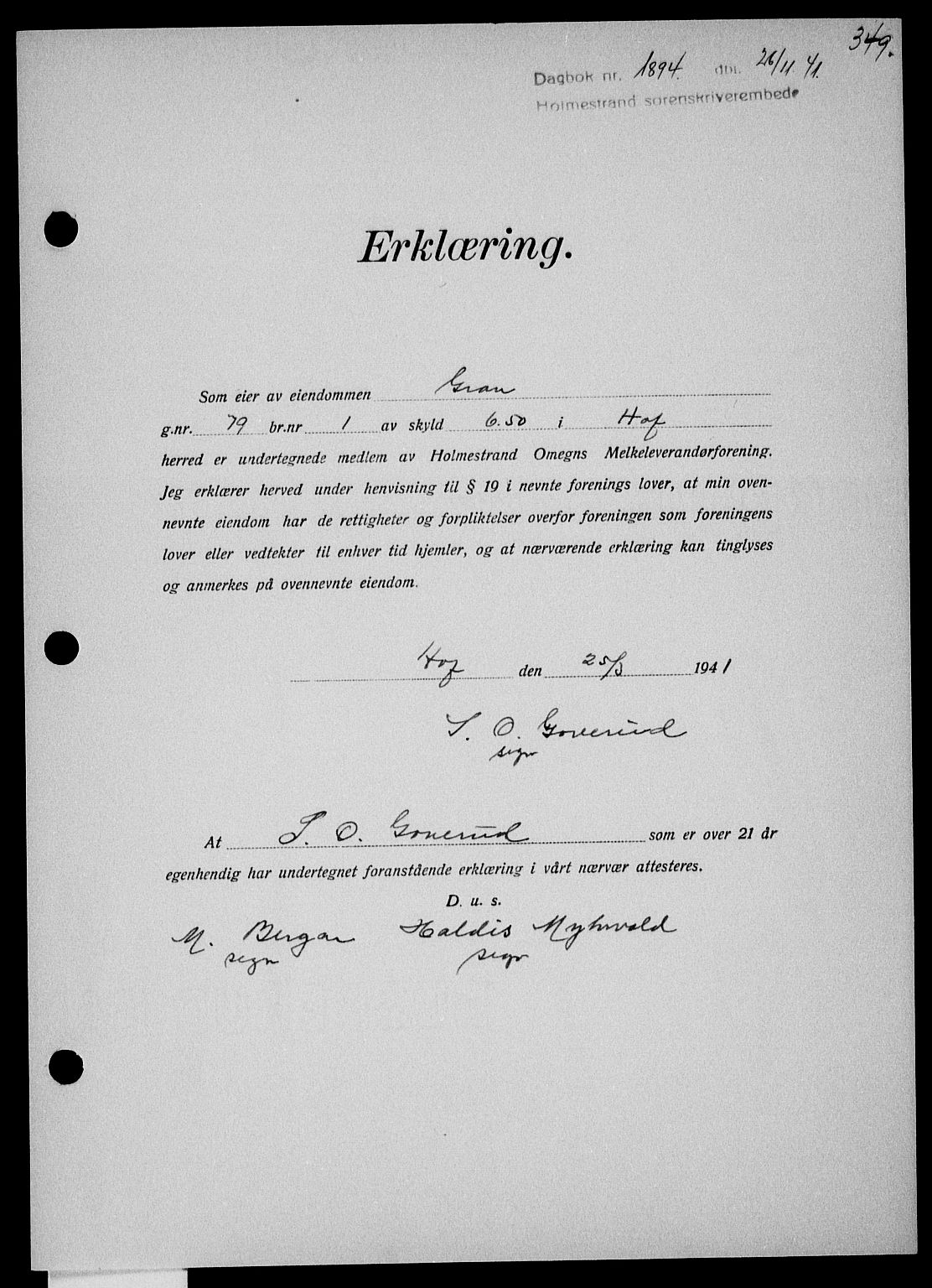 Holmestrand sorenskriveri, SAKO/A-67/G/Ga/Gaa/L0054: Pantebok nr. A-54, 1941-1942, Dagboknr: 1894/1941