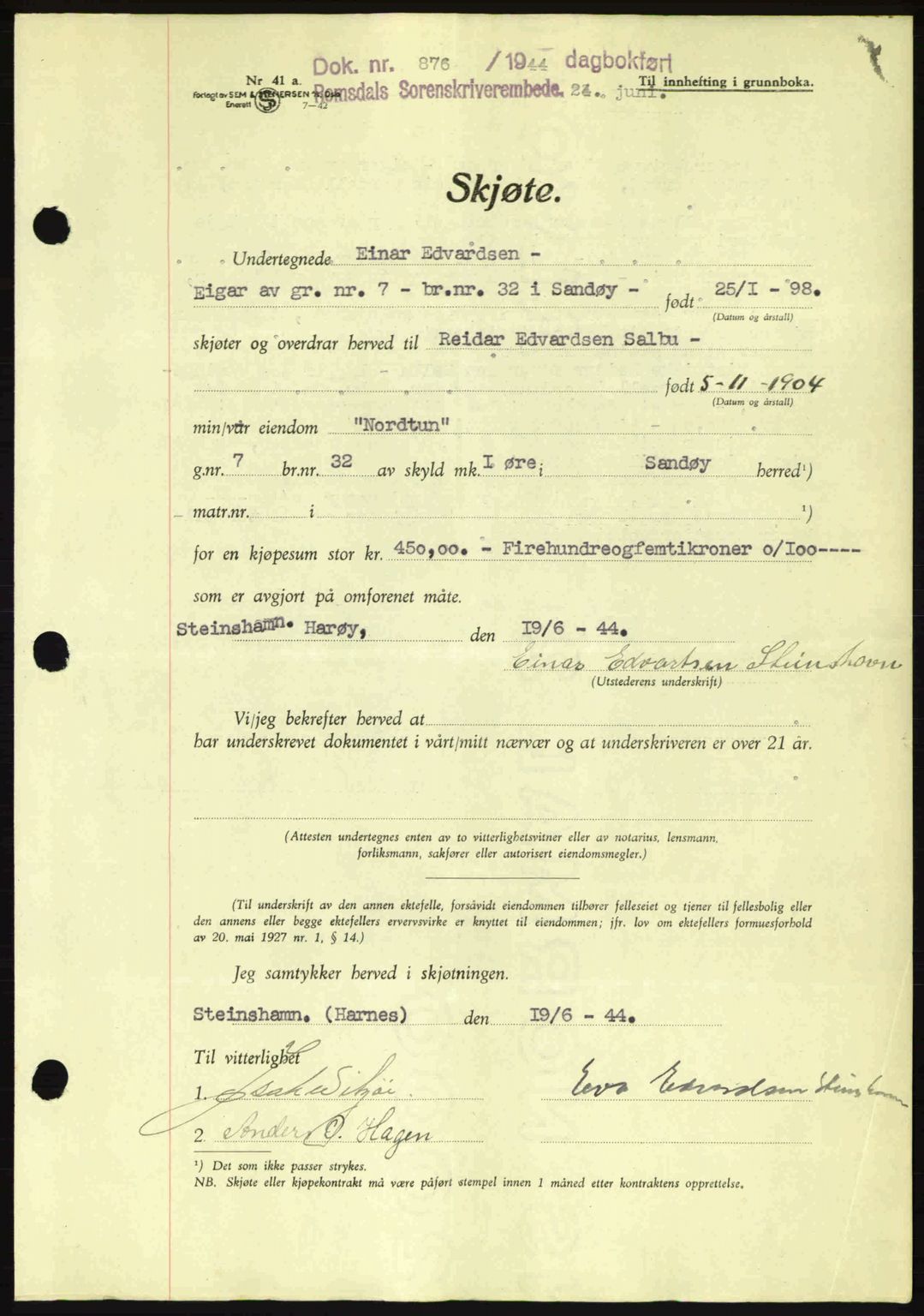 Romsdal sorenskriveri, AV/SAT-A-4149/1/2/2C: Pantebok nr. A16, 1944-1944, Dagboknr: 876/1944