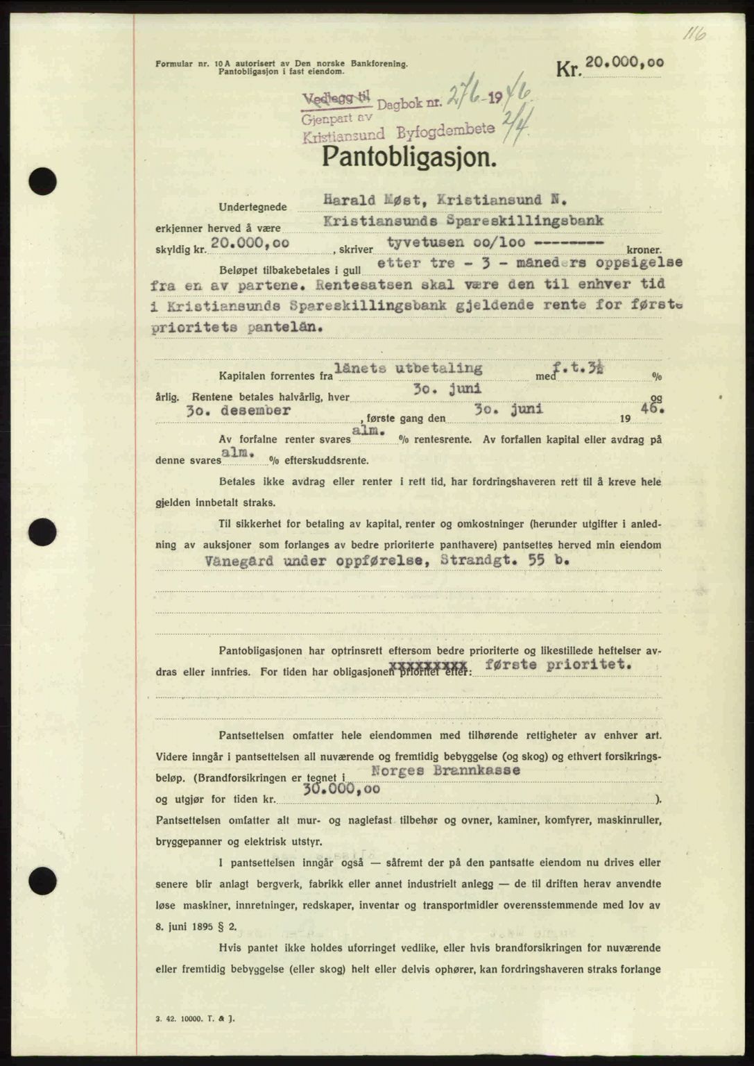 Kristiansund byfogd, AV/SAT-A-4587/A/27: Pantebok nr. 40, 1946-1946, Dagboknr: 276/1946