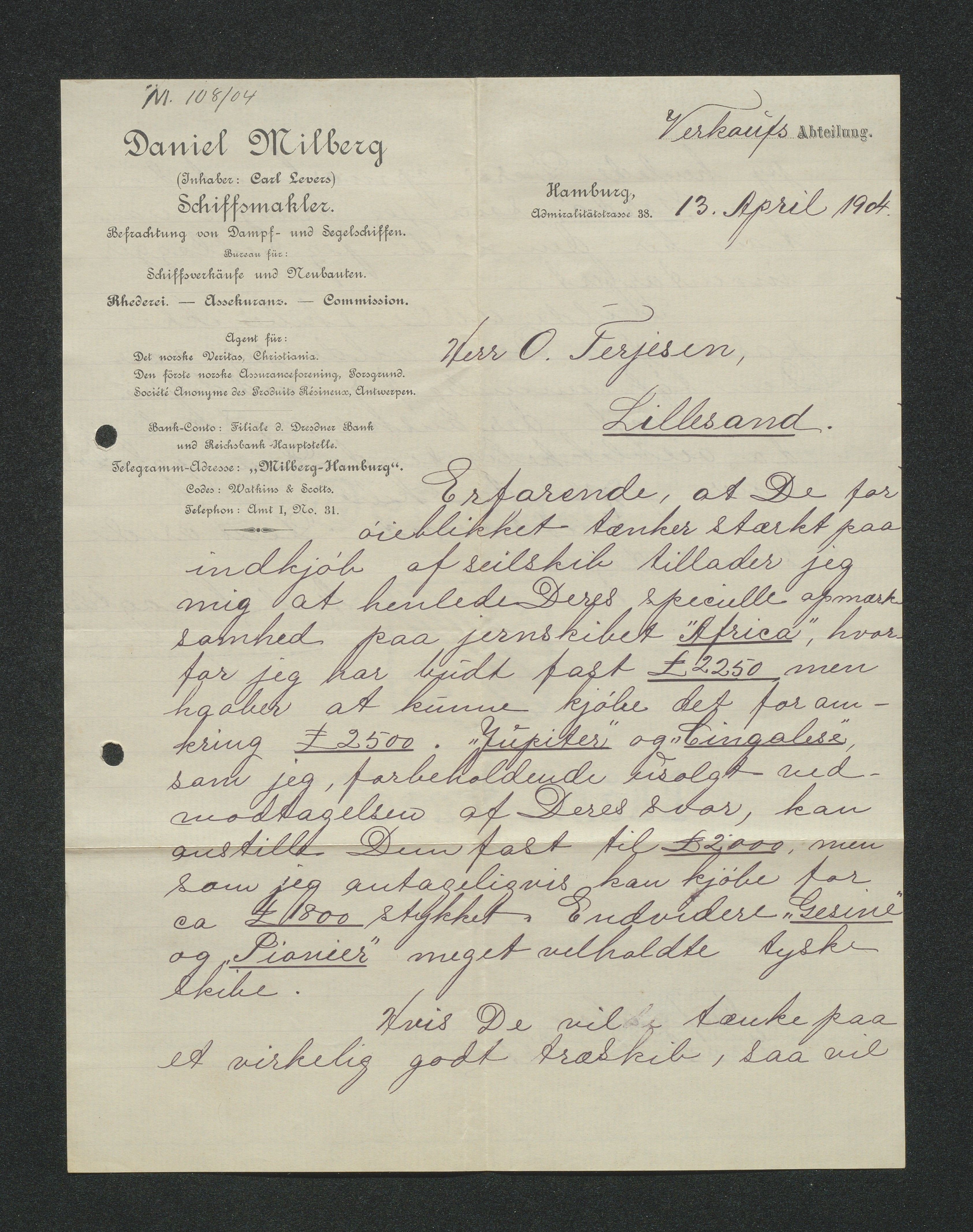 O. Terjesens rederi, AAKS/PA-2525/E/E01/L0013: Korrespondanse, 1904-1905