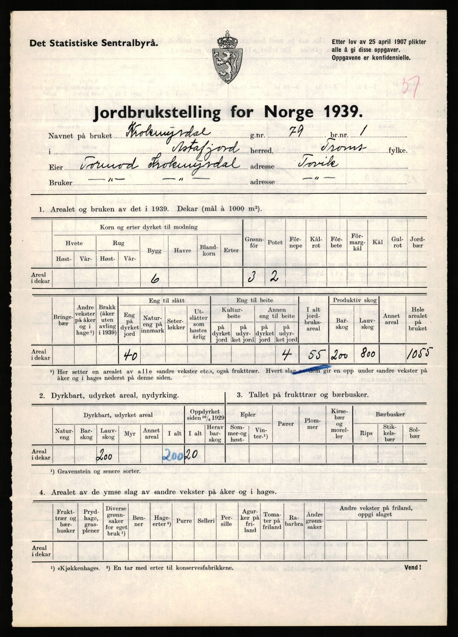 Statistisk sentralbyrå, Næringsøkonomiske emner, Jordbruk, skogbruk, jakt, fiske og fangst, AV/RA-S-2234/G/Gb/L0339: Troms: Andørja, Astafjord og Lavangen, 1939, s. 349