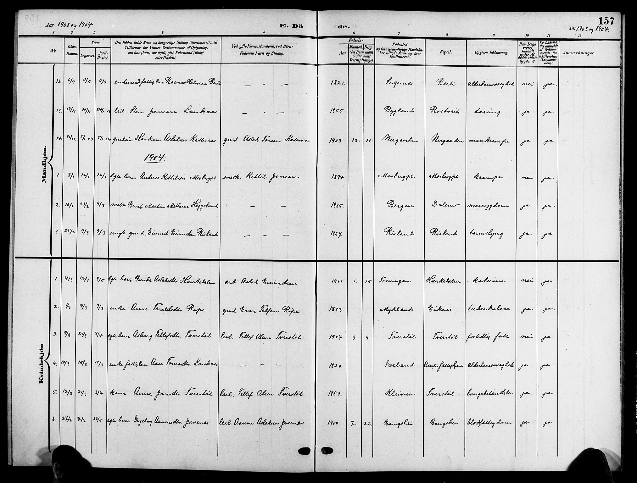 Åmli sokneprestkontor, SAK/1111-0050/F/Fb/Fbc/L0005: Klokkerbok nr. B 5, 1903-1916, s. 157