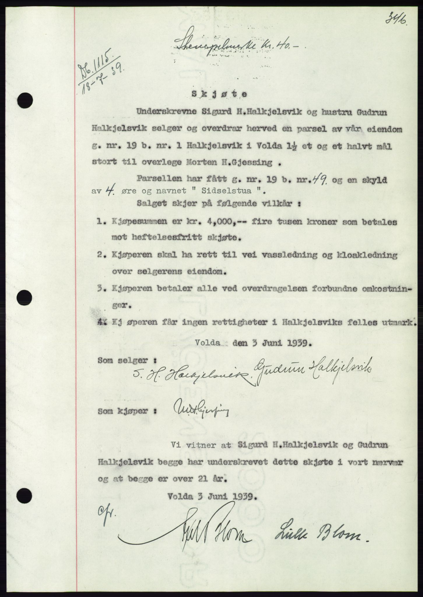 Søre Sunnmøre sorenskriveri, AV/SAT-A-4122/1/2/2C/L0068: Pantebok nr. 62, 1939-1939, Dagboknr: 1115/1939