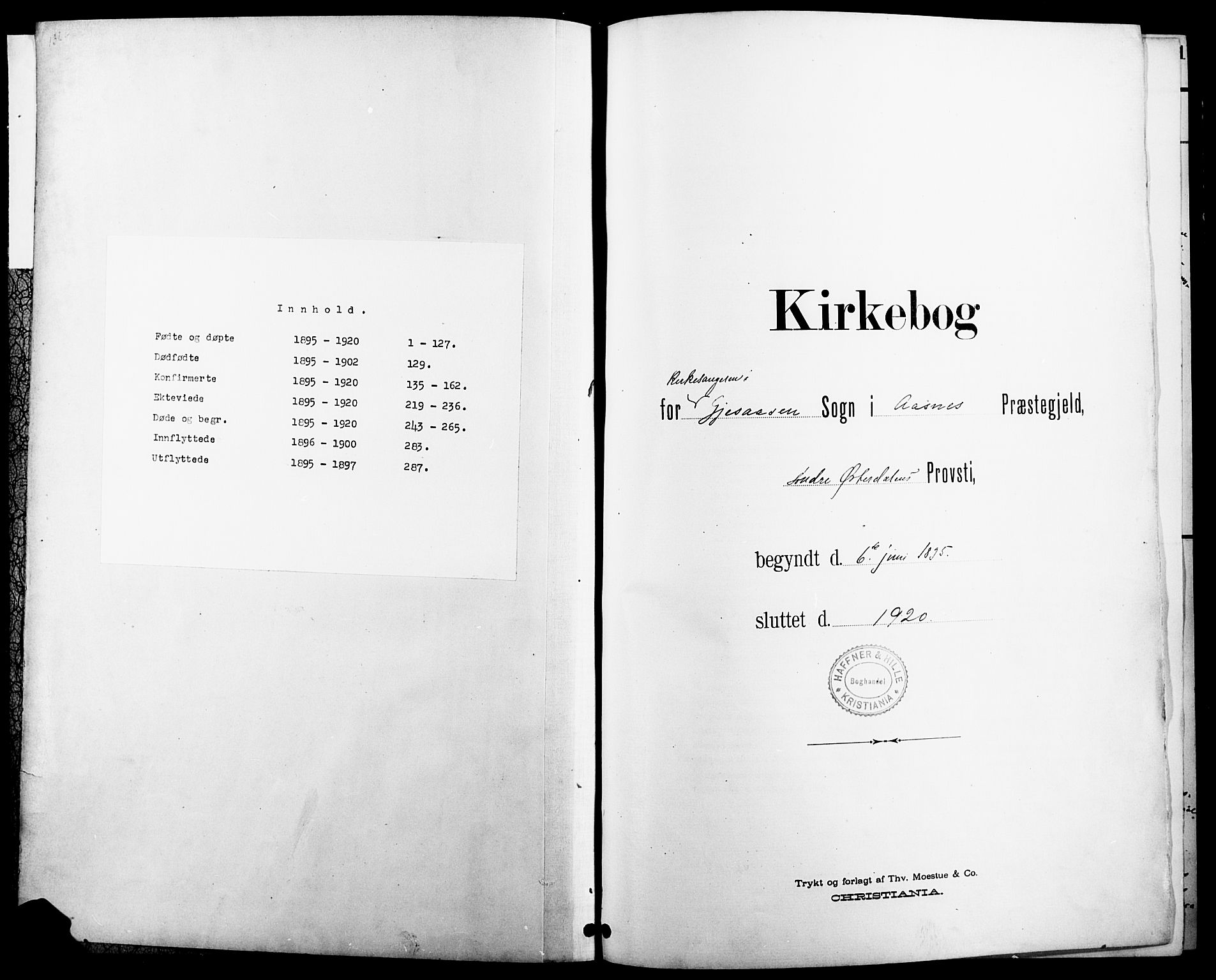 Åsnes prestekontor, SAH/PREST-042/H/Ha/Hab/L0005: Klokkerbok nr. 5, 1895-1920