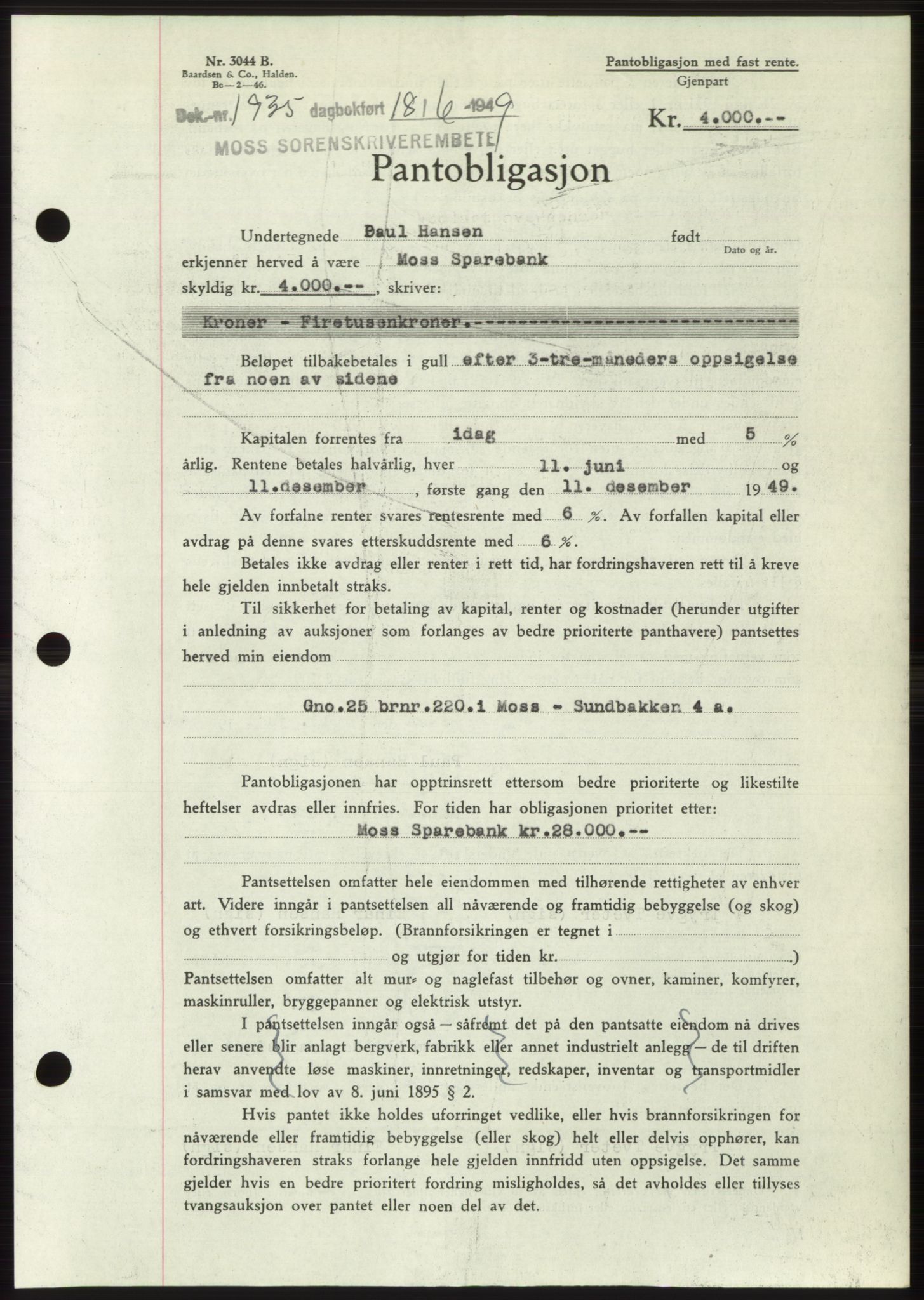 Moss sorenskriveri, SAO/A-10168: Pantebok nr. B22, 1949-1949, Dagboknr: 1935/1949