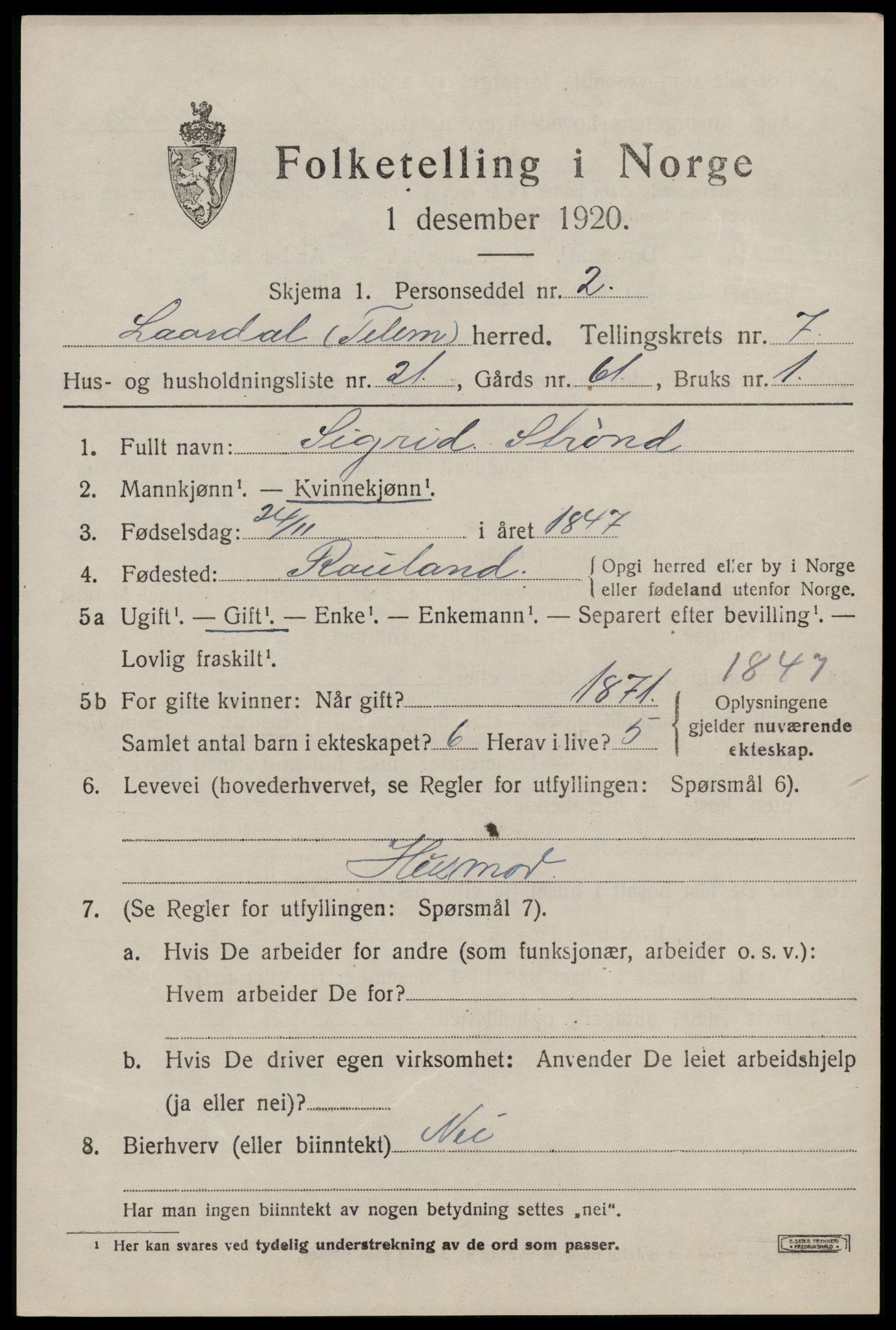 SAKO, Folketelling 1920 for 0833 Lårdal herred, 1920, s. 2893