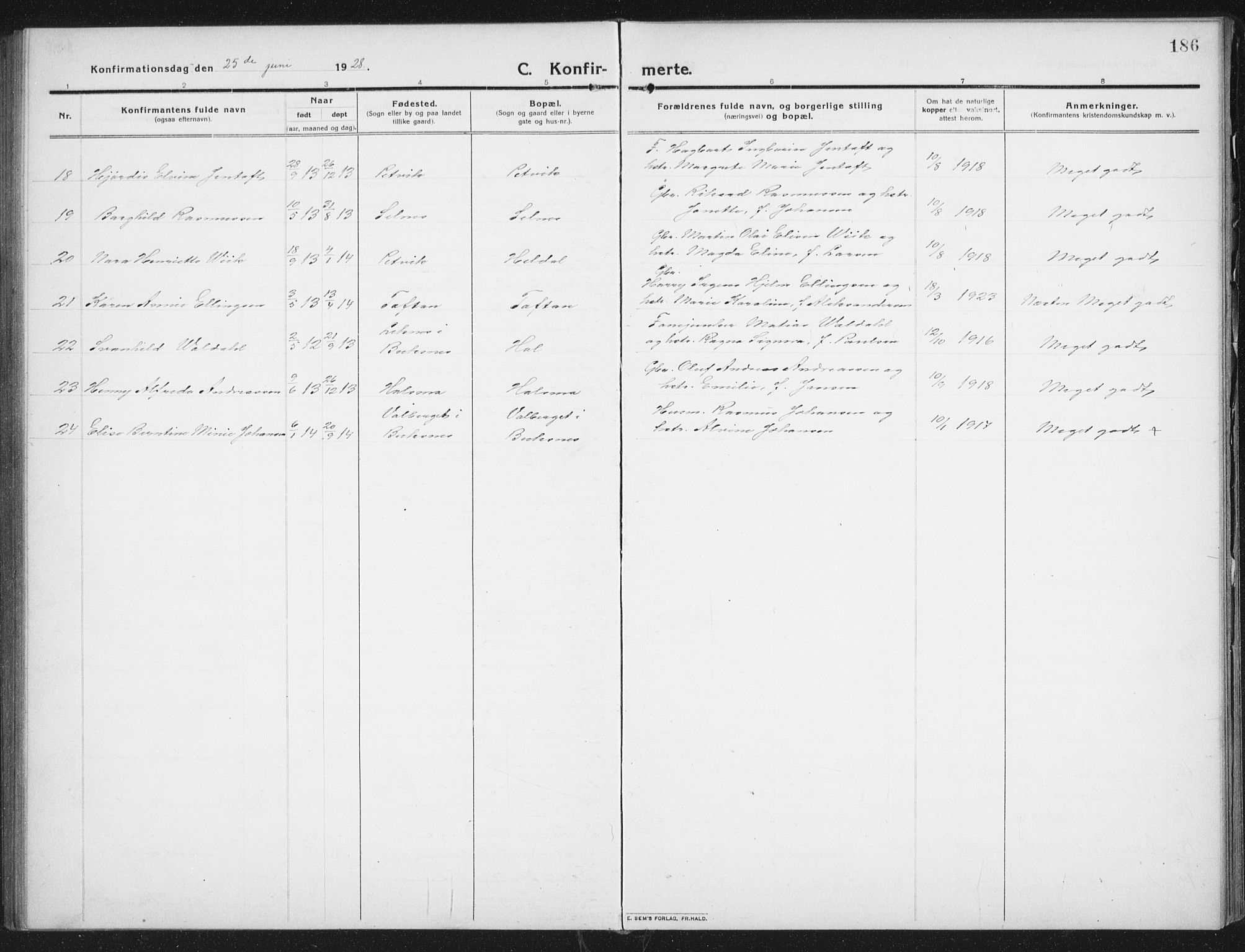 Ministerialprotokoller, klokkerbøker og fødselsregistre - Nordland, SAT/A-1459/882/L1183: Klokkerbok nr. 882C01, 1911-1938, s. 186