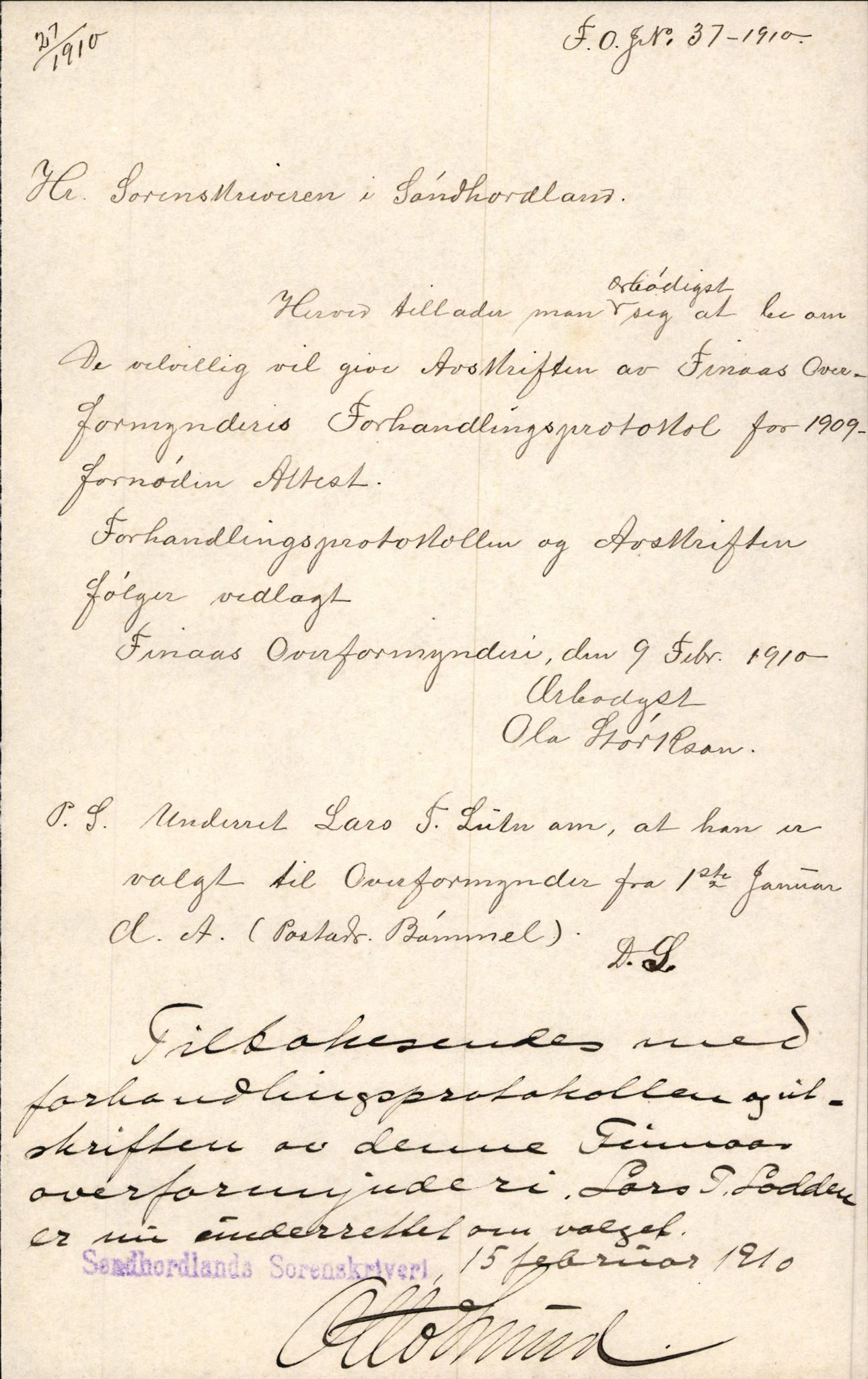 Finnaas kommune. Overformynderiet, IKAH/1218a-812/D/Da/Daa/L0002/0004: Kronologisk ordna korrespondanse / Kronologisk ordna korrespondanse, 1910-1913, s. 17