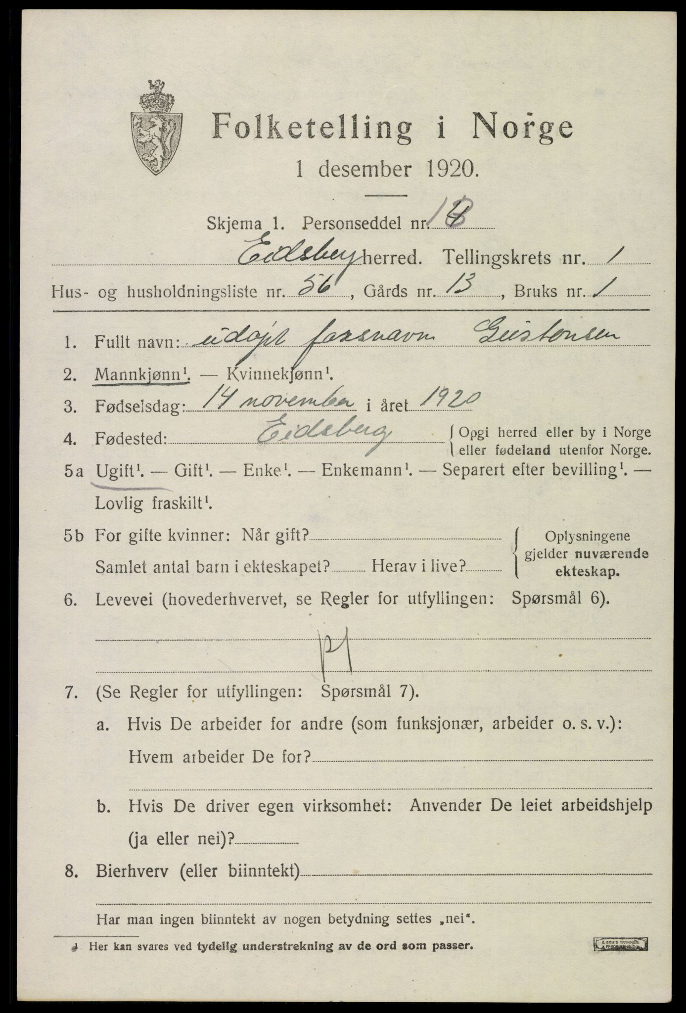 SAO, Folketelling 1920 for 0125 Eidsberg herred, 1920, s. 2603