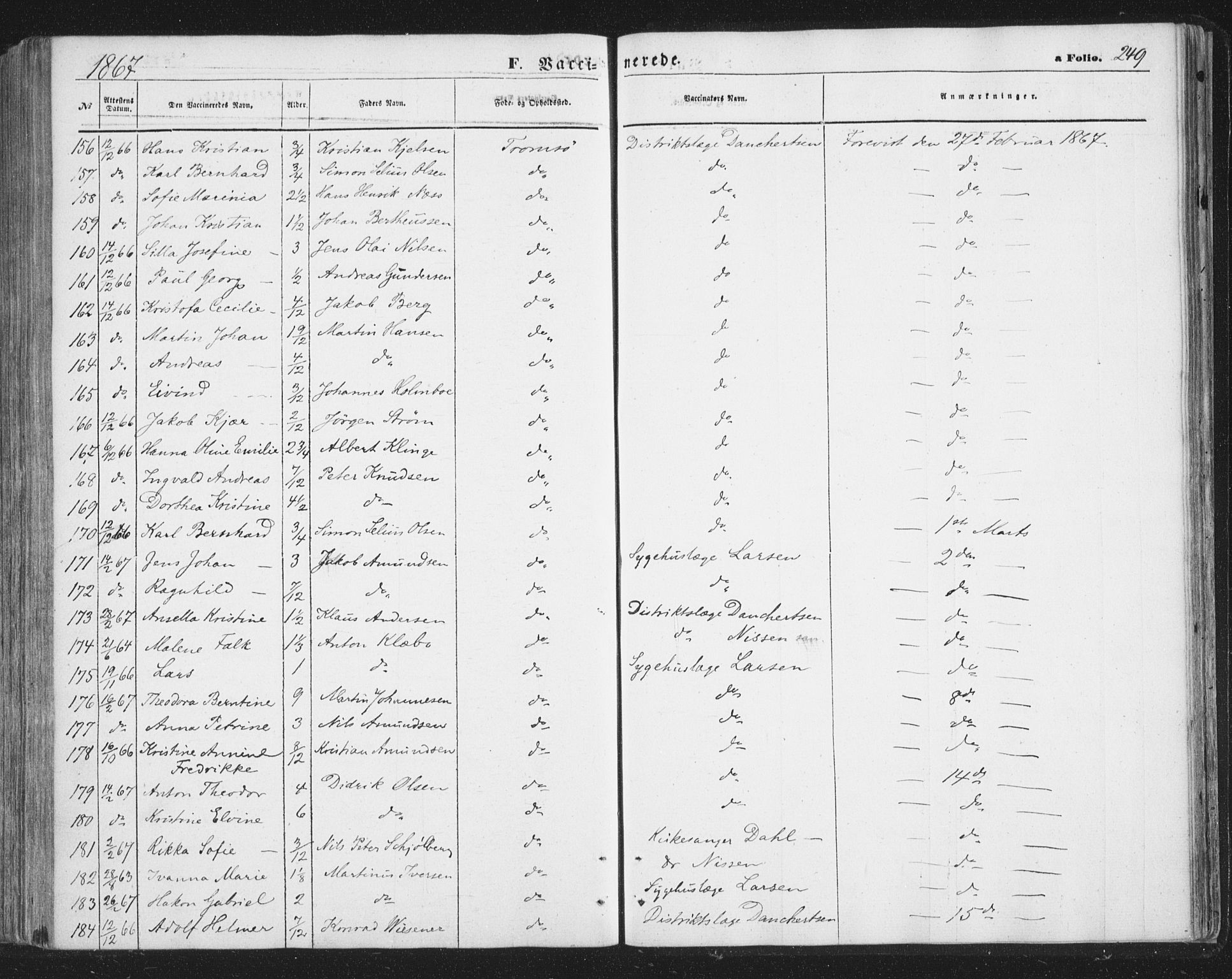 Tromsø sokneprestkontor/stiftsprosti/domprosti, AV/SATØ-S-1343/G/Ga/L0012kirke: Ministerialbok nr. 12, 1865-1871, s. 249