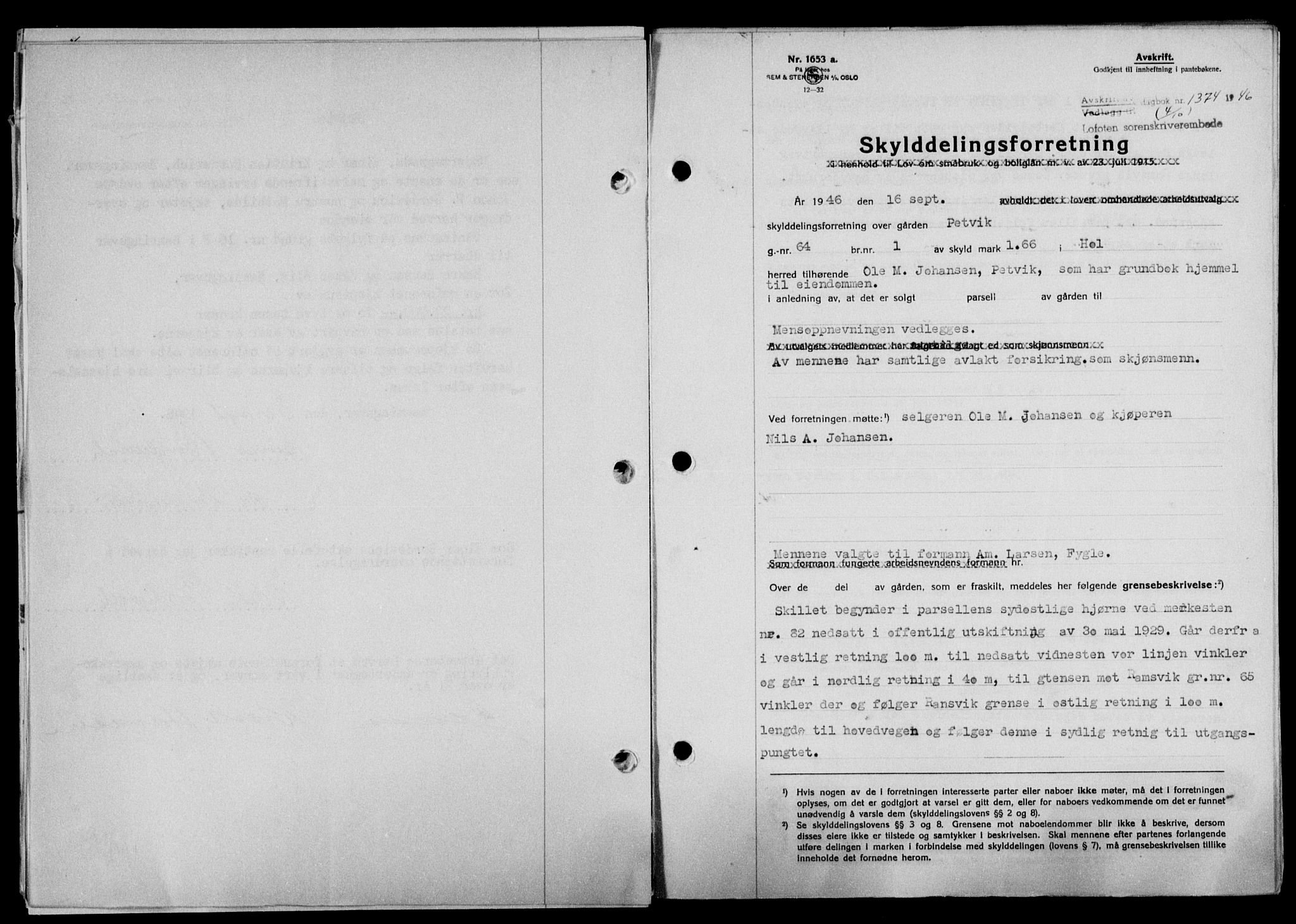 Lofoten sorenskriveri, SAT/A-0017/1/2/2C/L0014a: Pantebok nr. 14a, 1946-1946, Dagboknr: 1374/1946