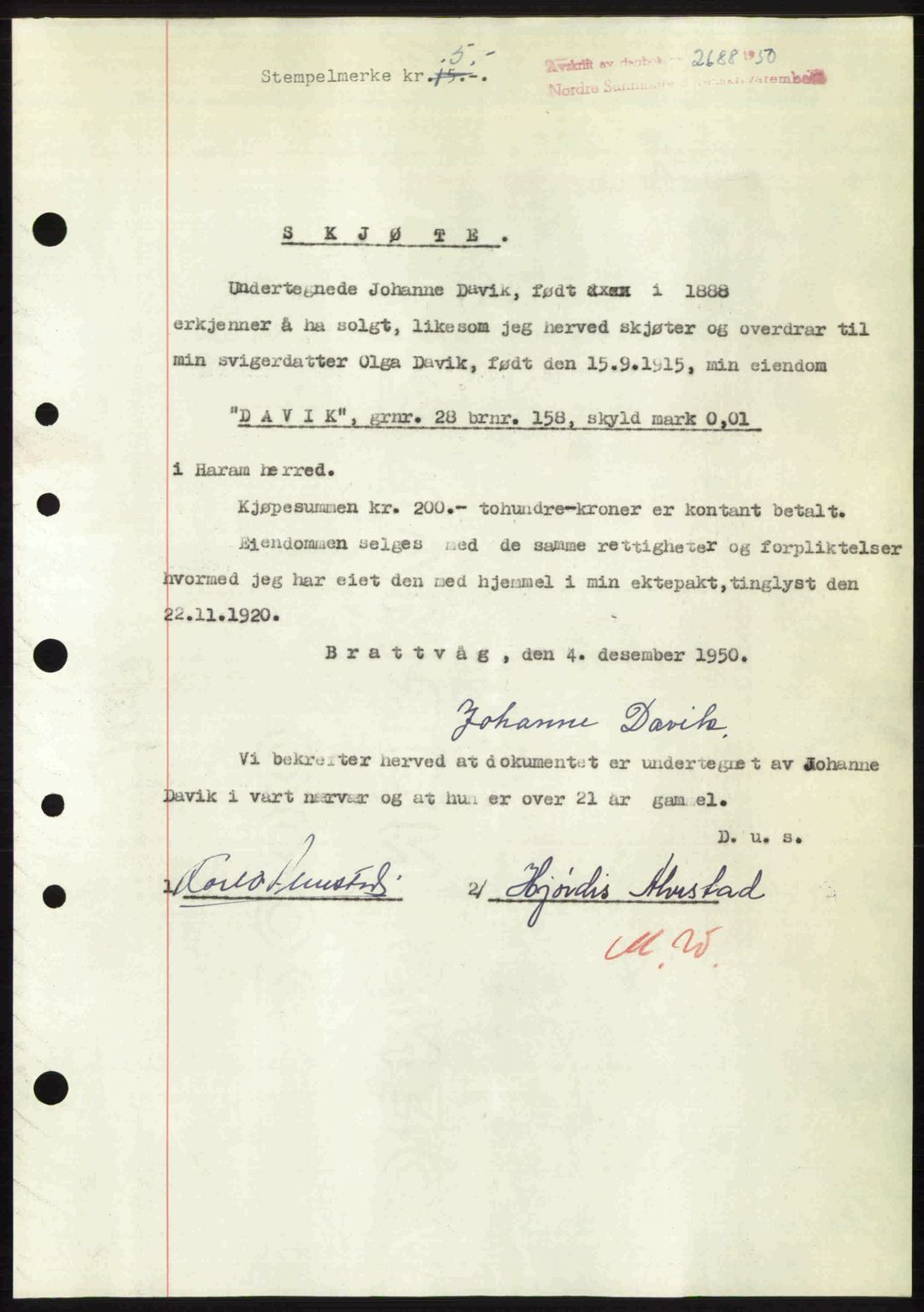 Nordre Sunnmøre sorenskriveri, AV/SAT-A-0006/1/2/2C/2Ca: Pantebok nr. A36, 1950-1950, Dagboknr: 2688/1950